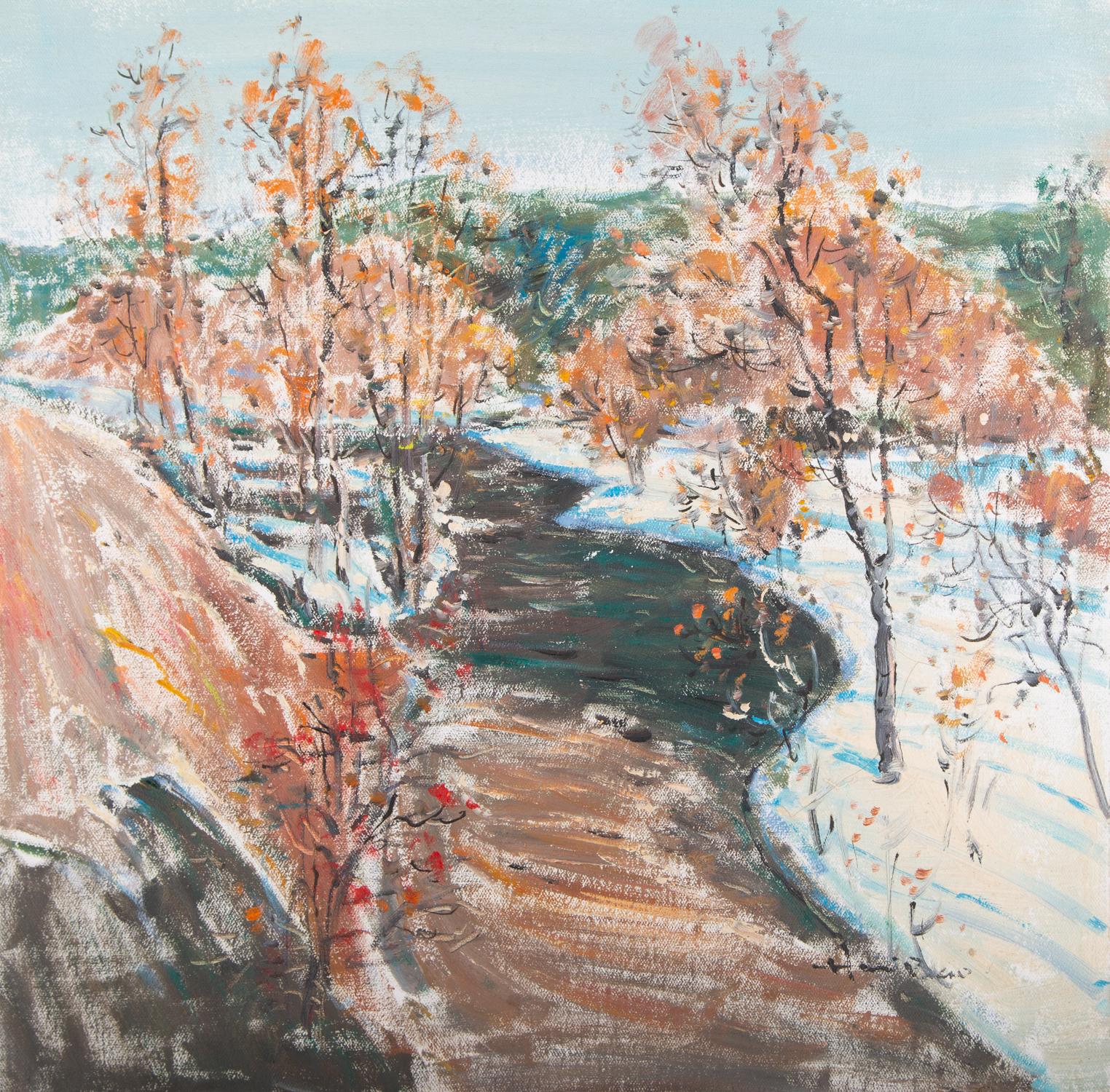 Haibao Chen Landscape Painting - Birch Trees on the Roadside in Winter