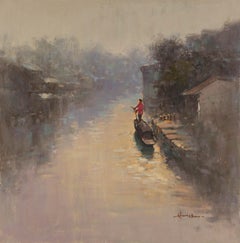 Peinture à l'huile impressionniste originale "Water Town" de Haibao Chen