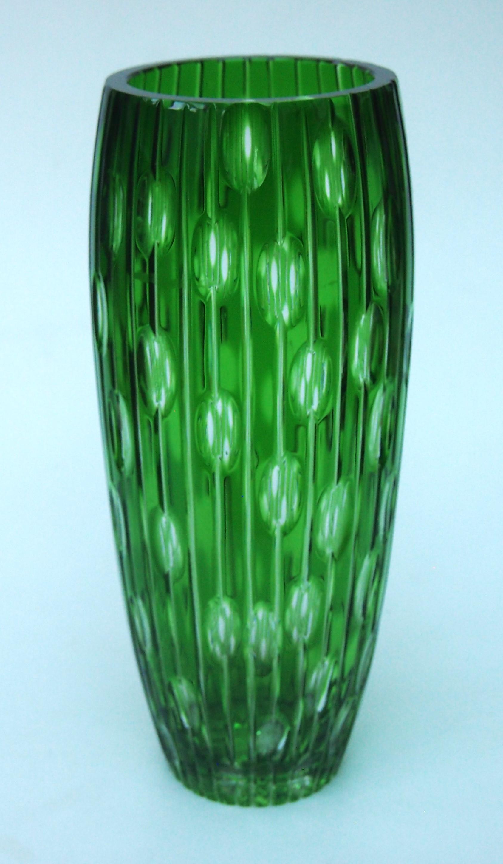Art Deco Haida Fine Cut Green Over Clear 1000 Eye Glass Vase c1930 For Sale