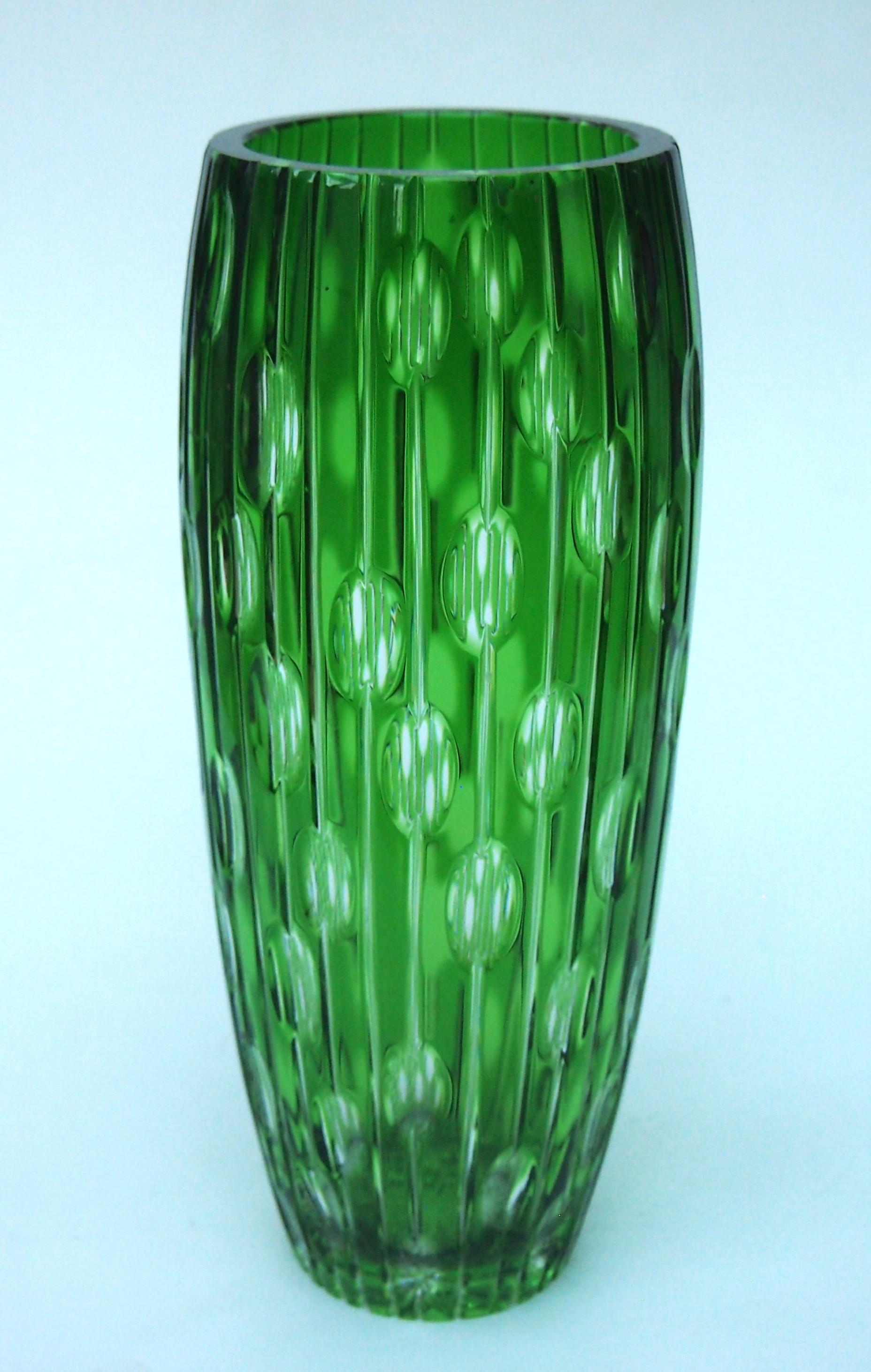 Czech Haida Fine Cut Green Over Clear 1000 Eye Glass Vase c1930 For Sale