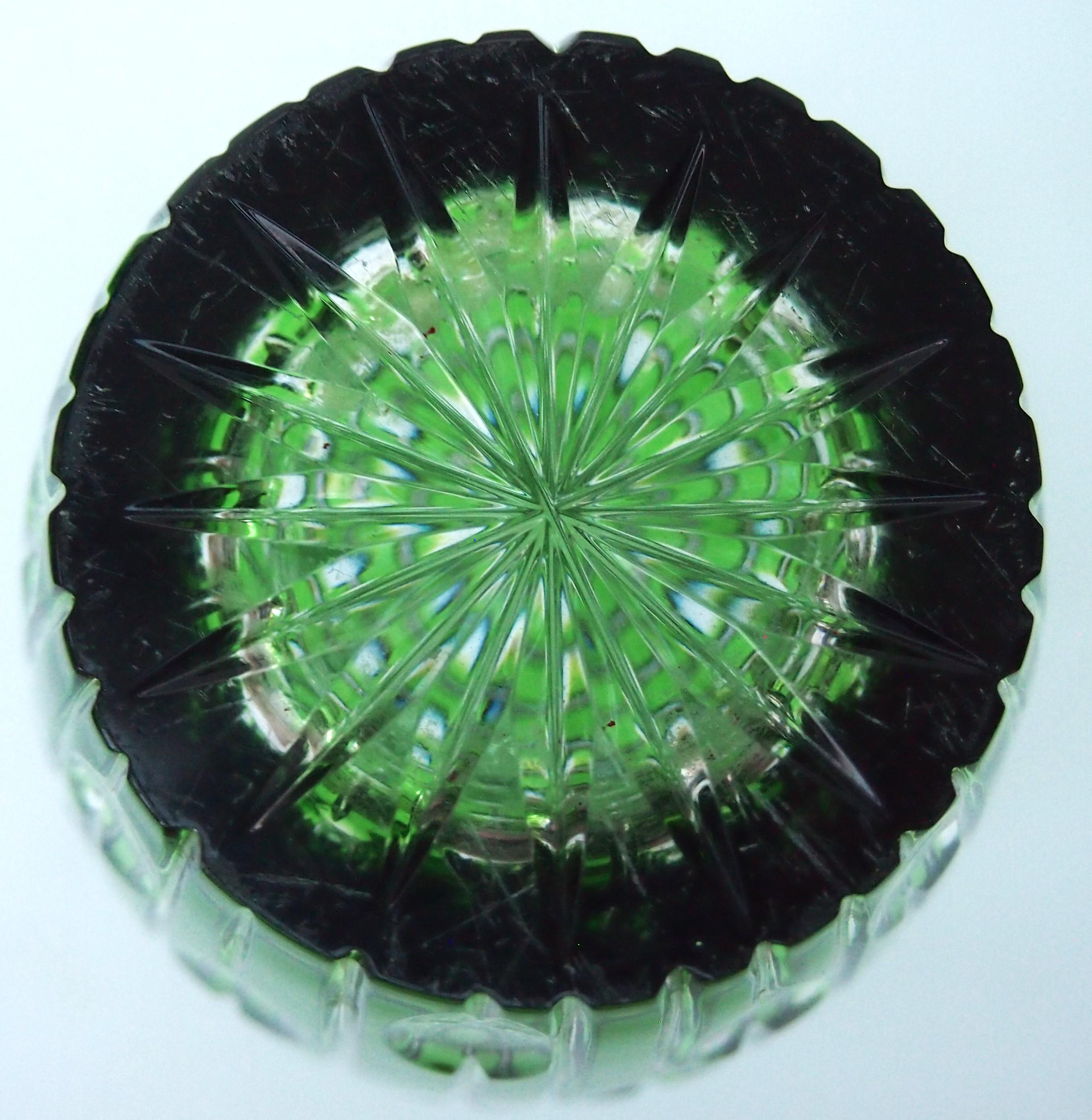 Haida Fine Cut Green Over Clear 1000 Eye Glass Vase c1930 1