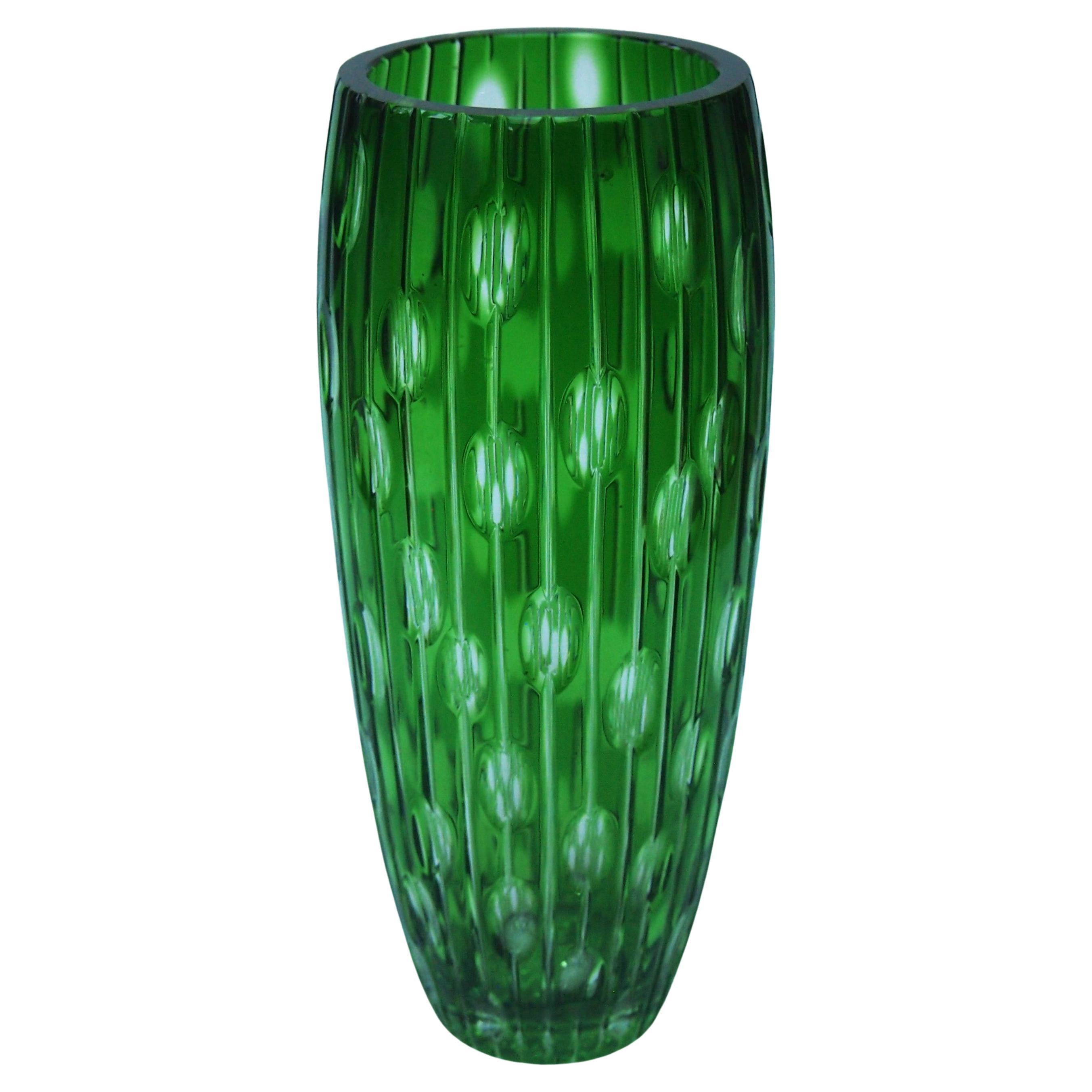 Haida Fine Cut Green Over Clear 1000 Eye Glass Vase c1930