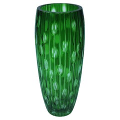 Used Haida Fine Cut Green Over Clear 1000 Eye Glass Vase c1930