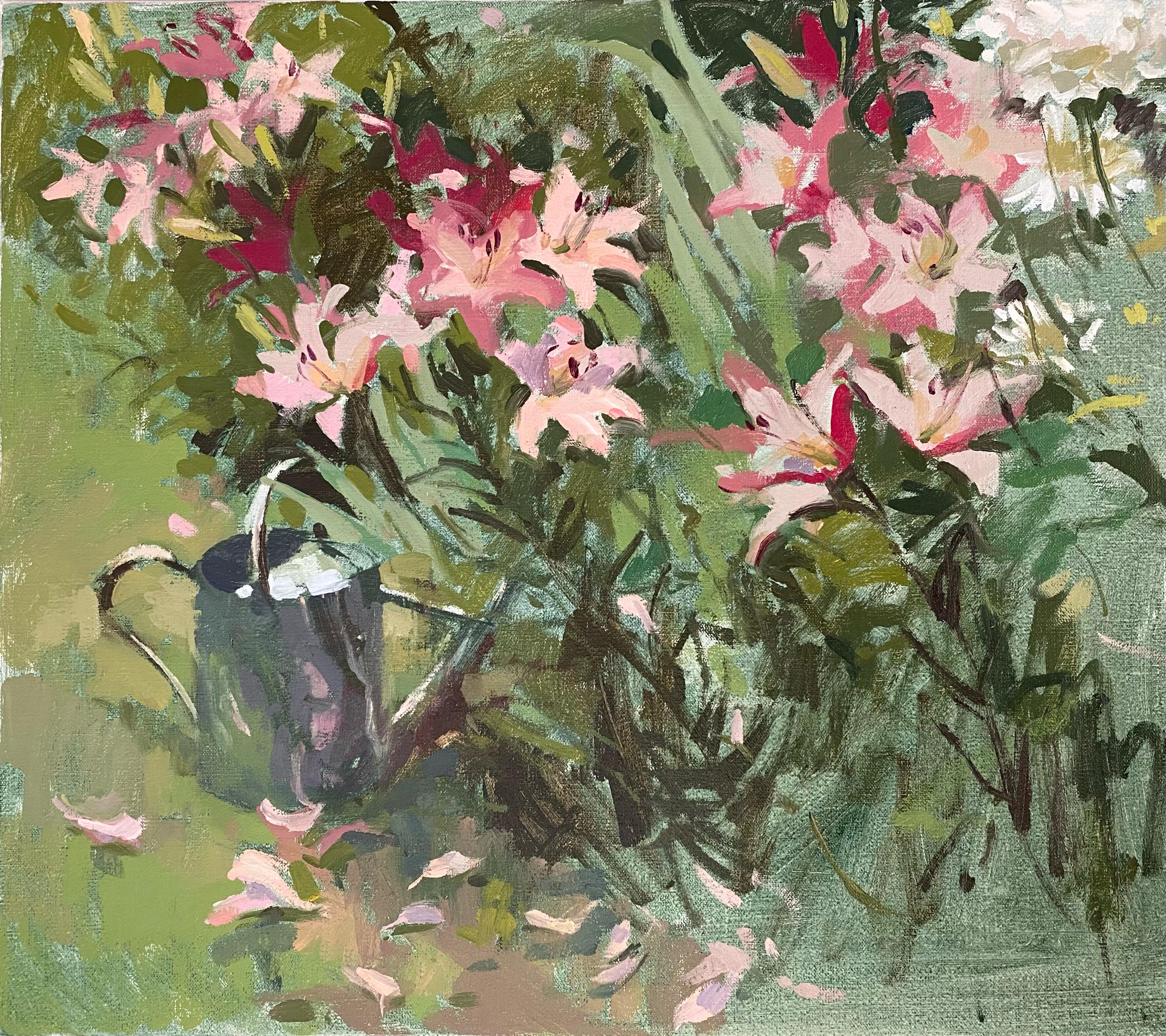 Pink Lillies and Watering Can - Painting by Haidee-Jo Summers