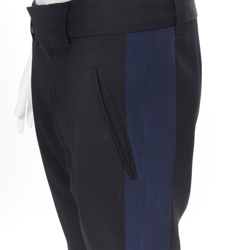 Black HAIDER ACKERMANN 100% fleece wool black navy grosgrain side cropped pants FR36 For Sale