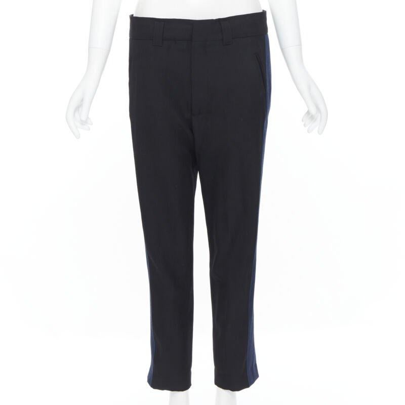 HAIDER ACKERMANN 100% fleece wool black navy grosgrain side cropped pants FR36 In Excellent Condition For Sale In Hong Kong, NT