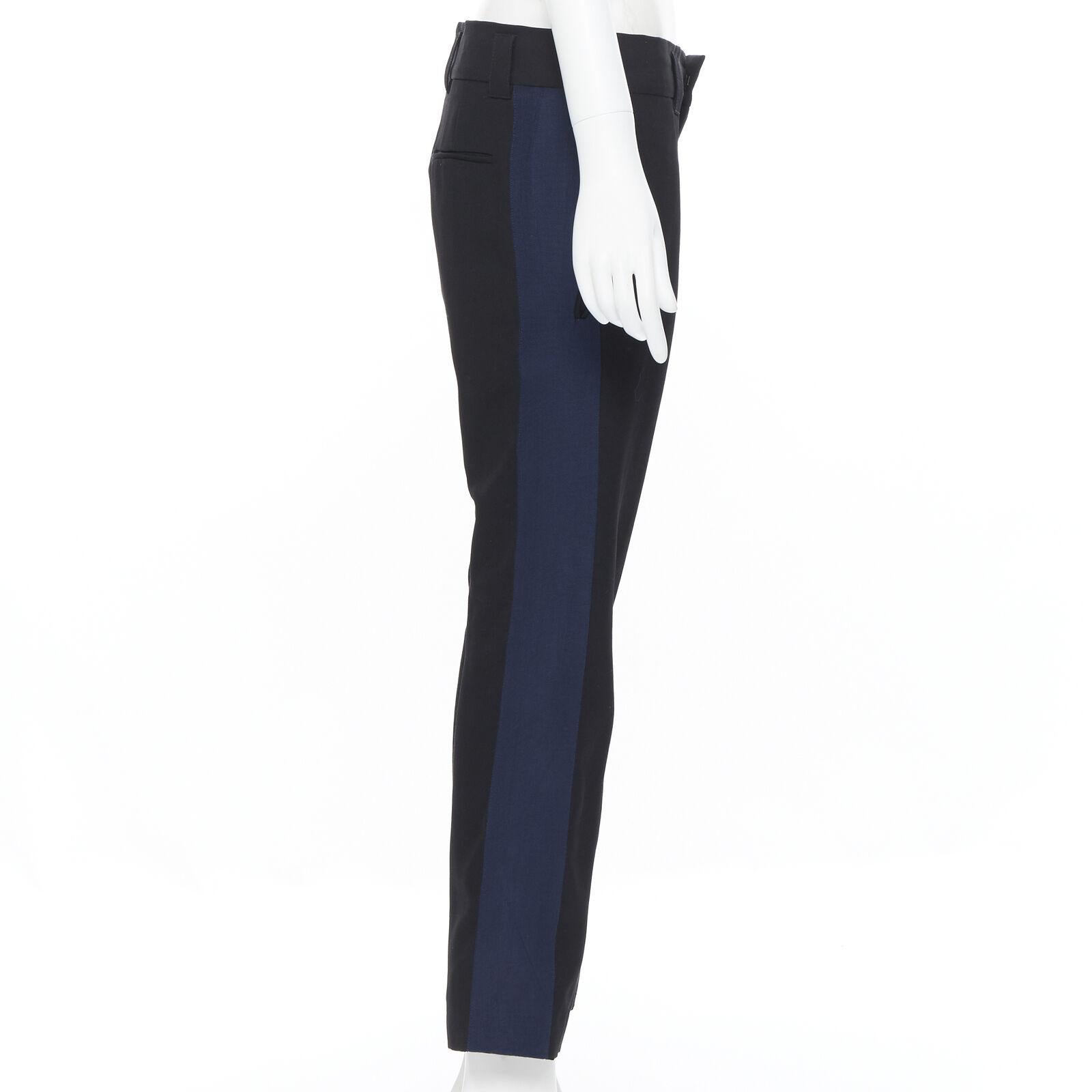 Women's HAIDER ACKERMANN 100% fleece wool black navy grosgrain side cropped pants FR36 For Sale