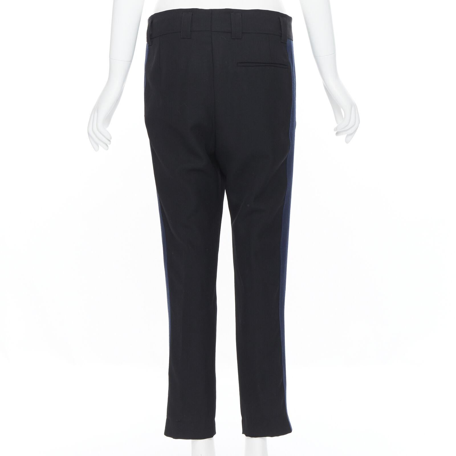 HAIDER ACKERMANN 100% fleece wool black navy grosgrain side cropped pants FR36 For Sale 1