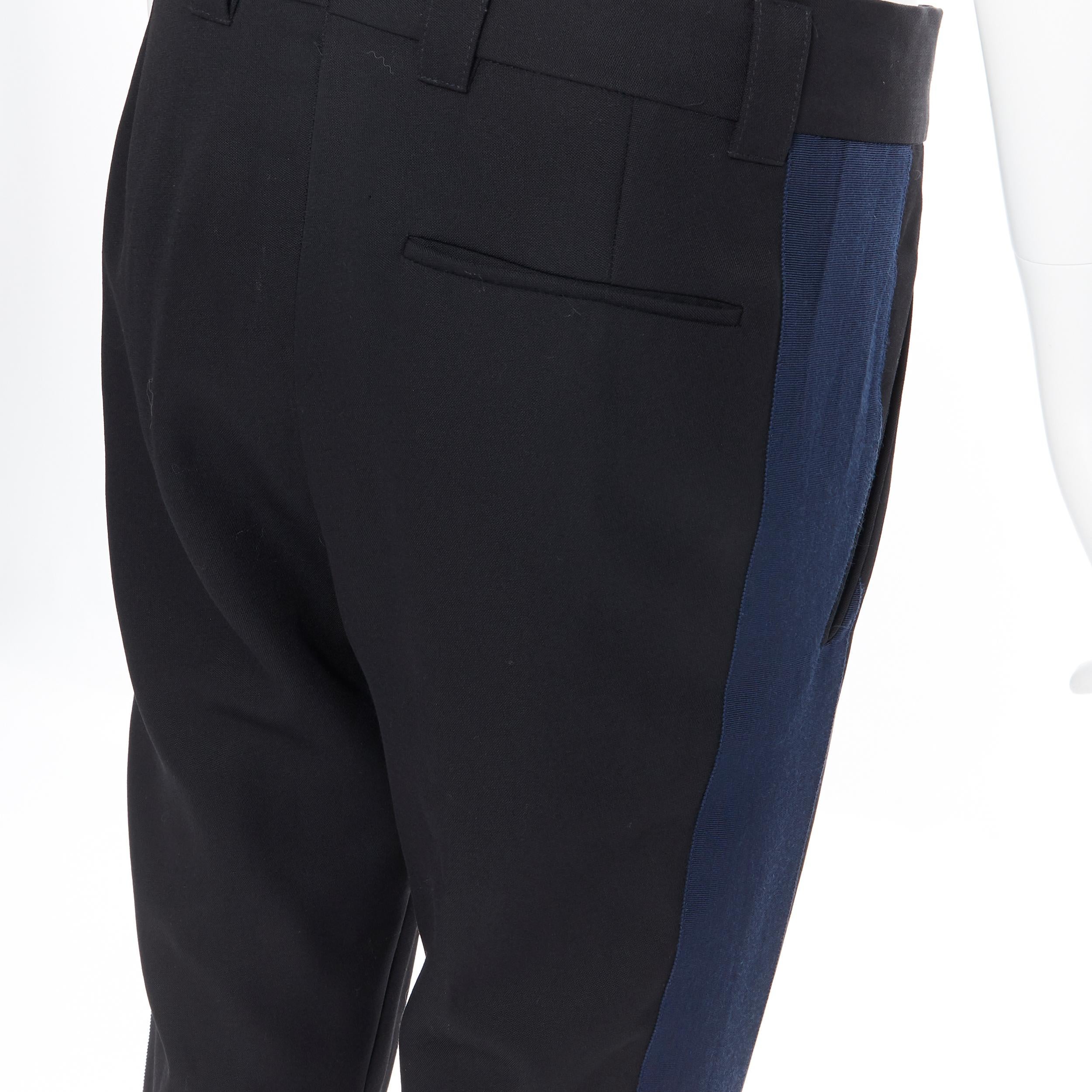 HAIDER ACKERMANN 100% fleece wool black navy grosgrain side cropped pants FR36 3