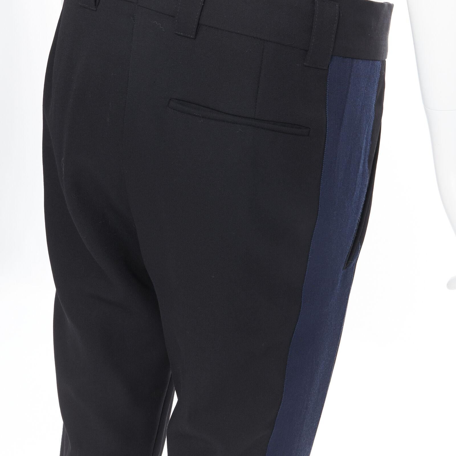HAIDER ACKERMANN 100% fleece wool black navy grosgrain side cropped pants FR36 For Sale 3