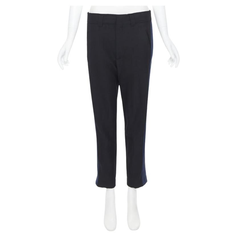 HAIDER ACKERMANN 100% fleece wool black navy grosgrain side cropped pants FR36 For Sale