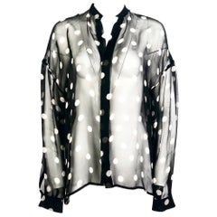 Haider Ackermann Black and White Silk Polka Dots Sheer Button-Down Shirt Size 34