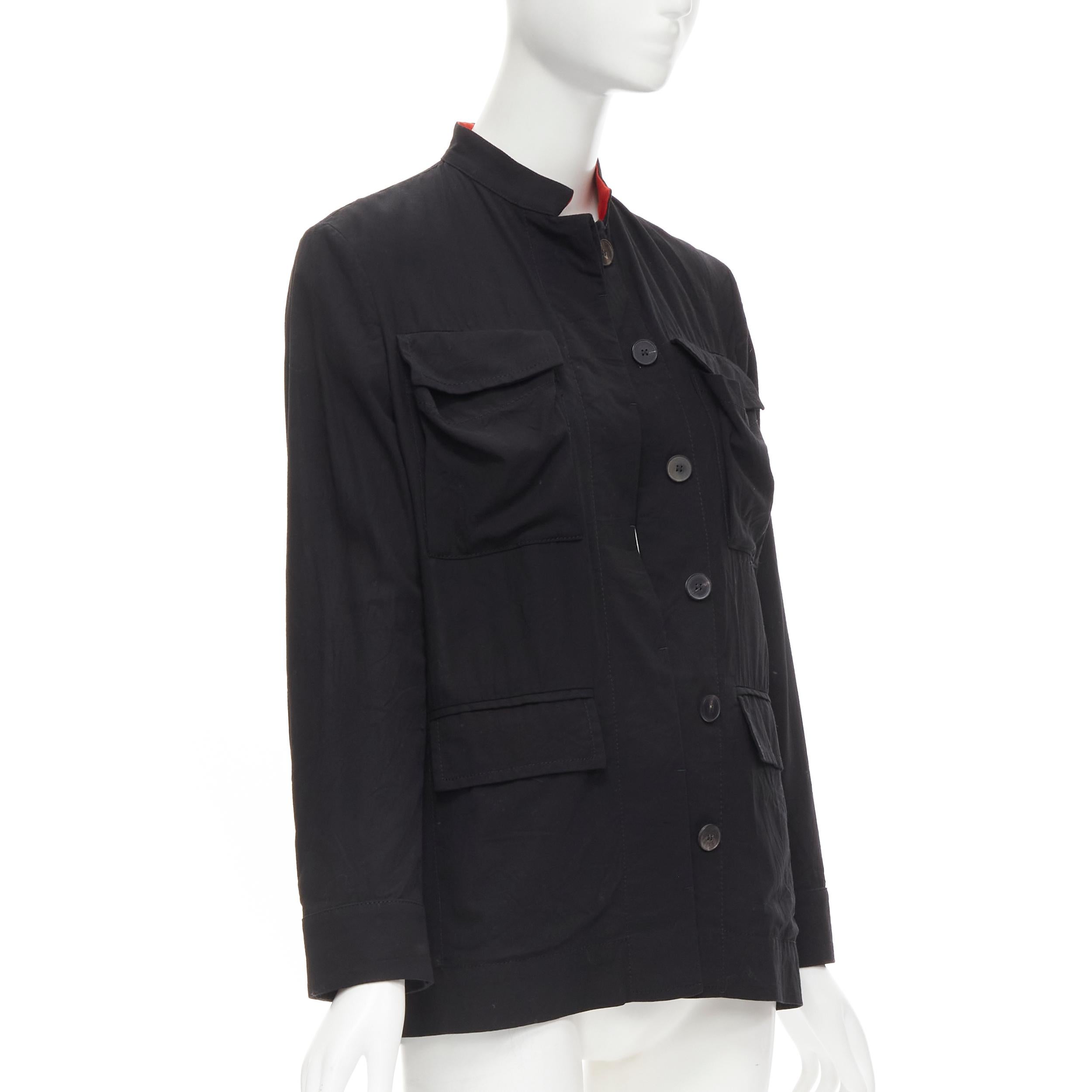 Black HAIDER ACKERMANN black cotton flap pockets red mandarin collar jacket FR34 XS For Sale