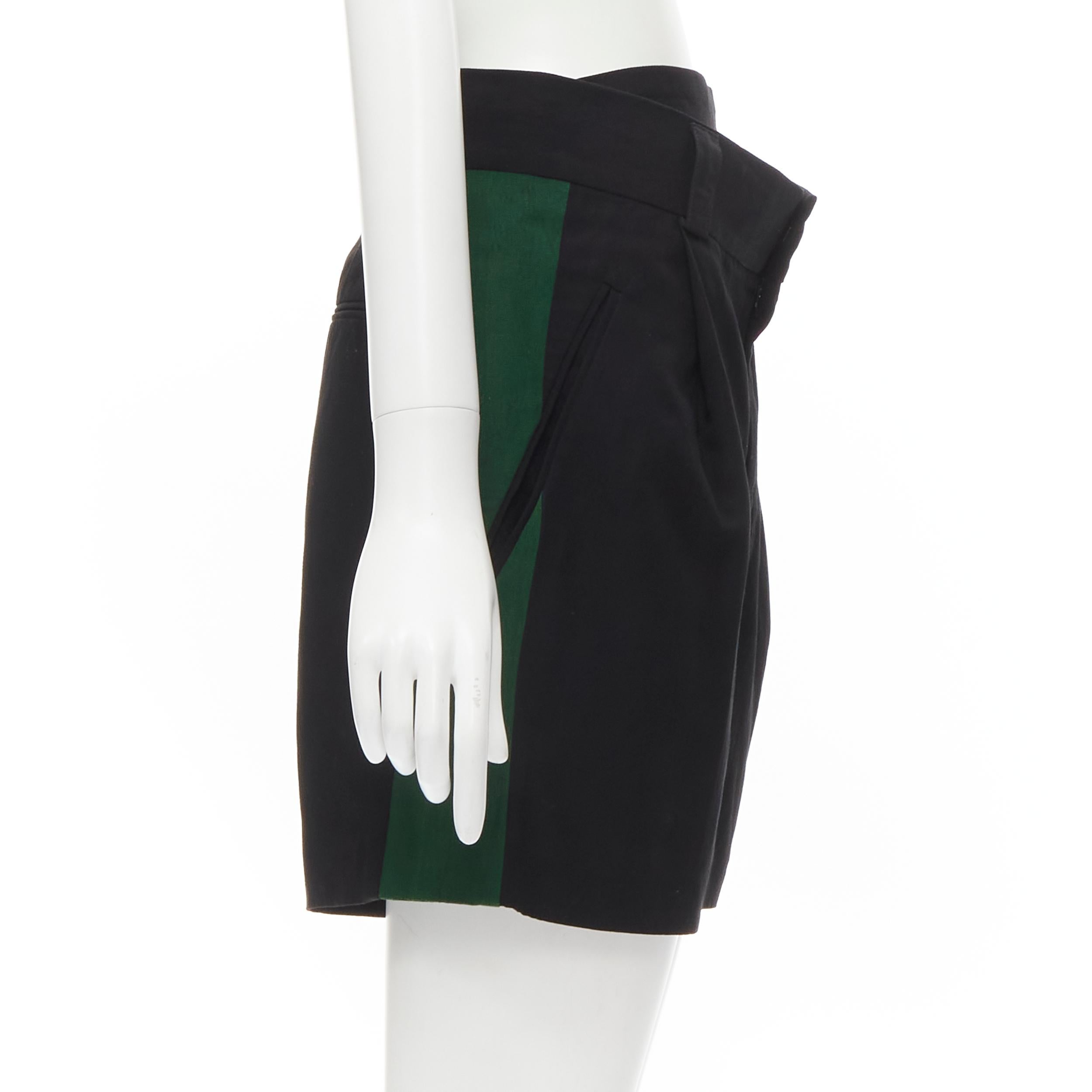 Black HAIDER ACKERMANN black green grosgrain trimmed side pleated front shorts FR34 XS For Sale