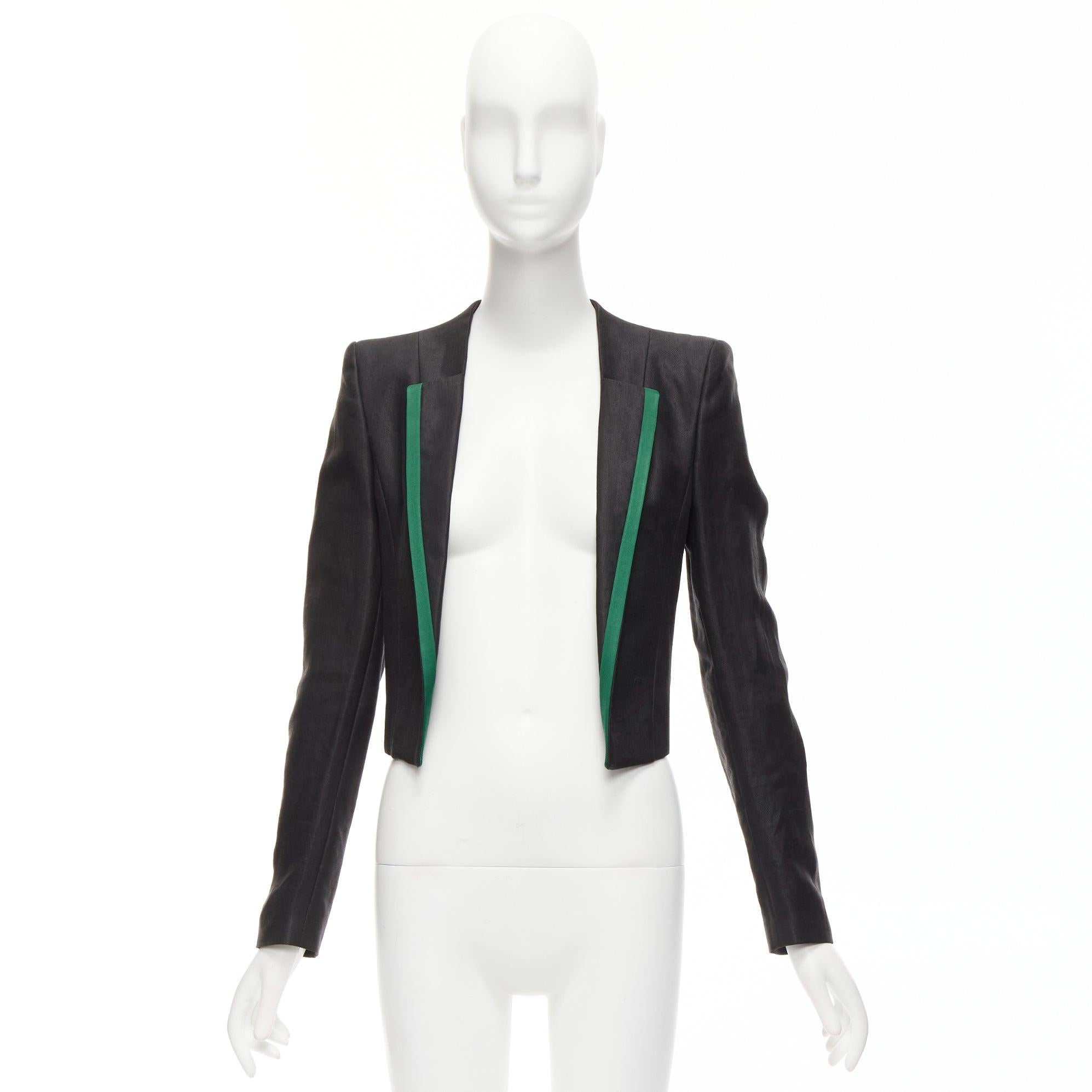 HAIDER ACKERMANN black ramie silk green trim cropped blazer jacket FR36 S For Sale 6
