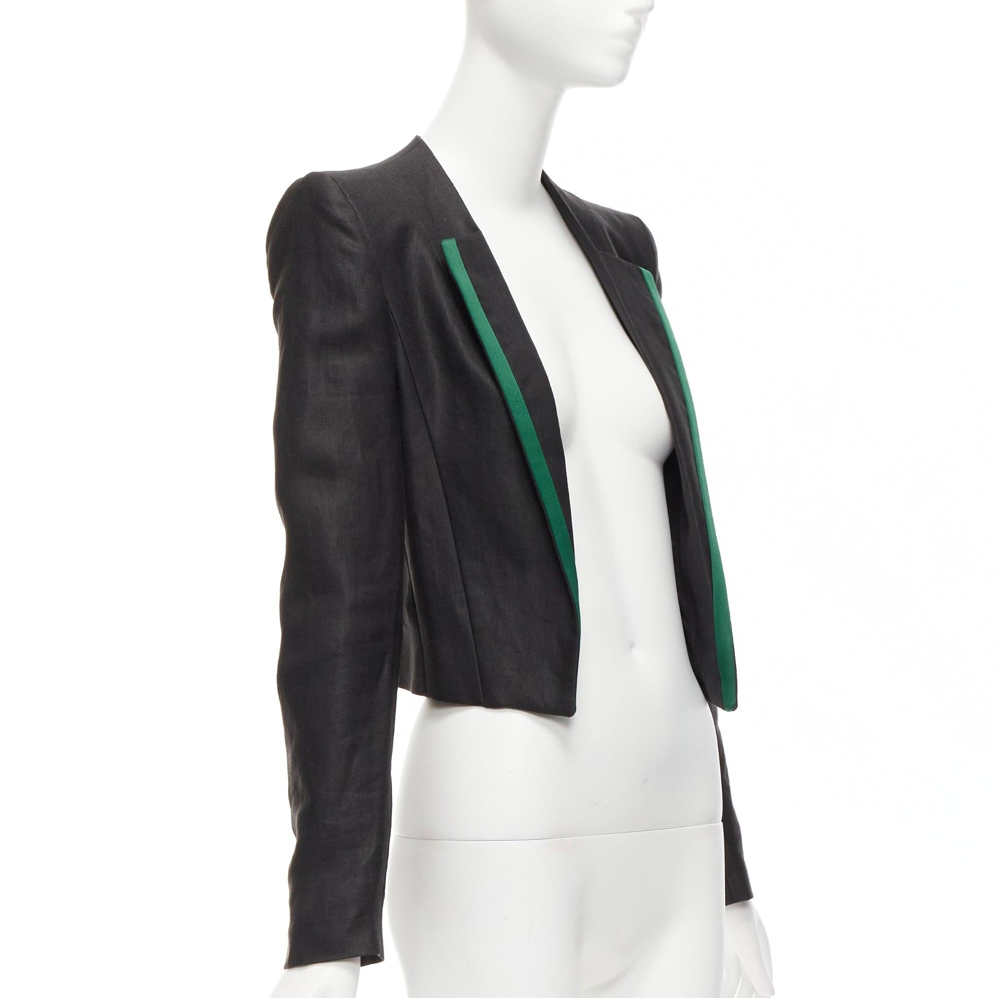 HAIDER ACKERMANN black ramie silk green trim cropped blazer jacket FR36 S In Excellent Condition For Sale In Hong Kong, NT