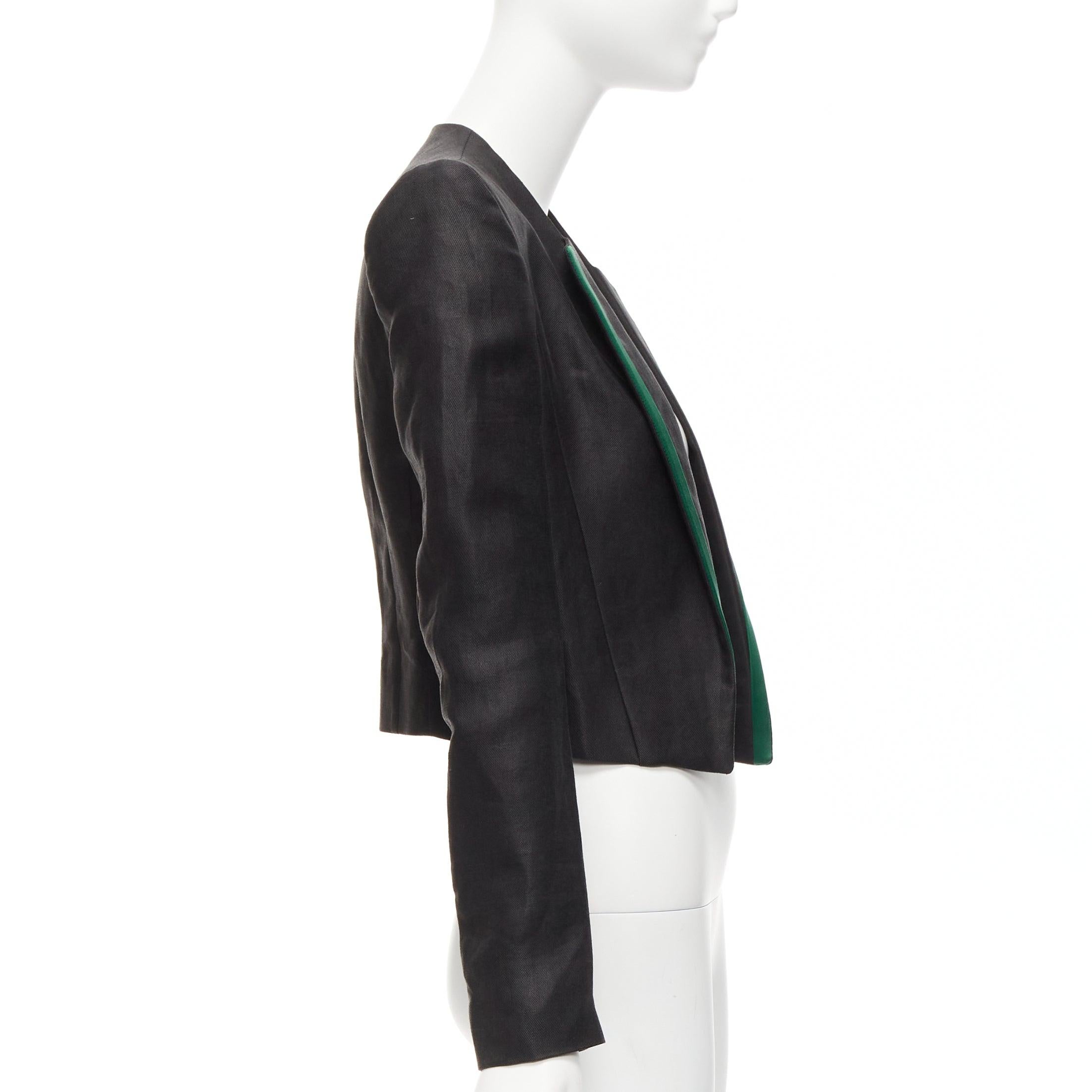 HAIDER ACKERMANN black ramie silk green trim cropped blazer jacket FR36 S In Excellent Condition For Sale In Hong Kong, NT