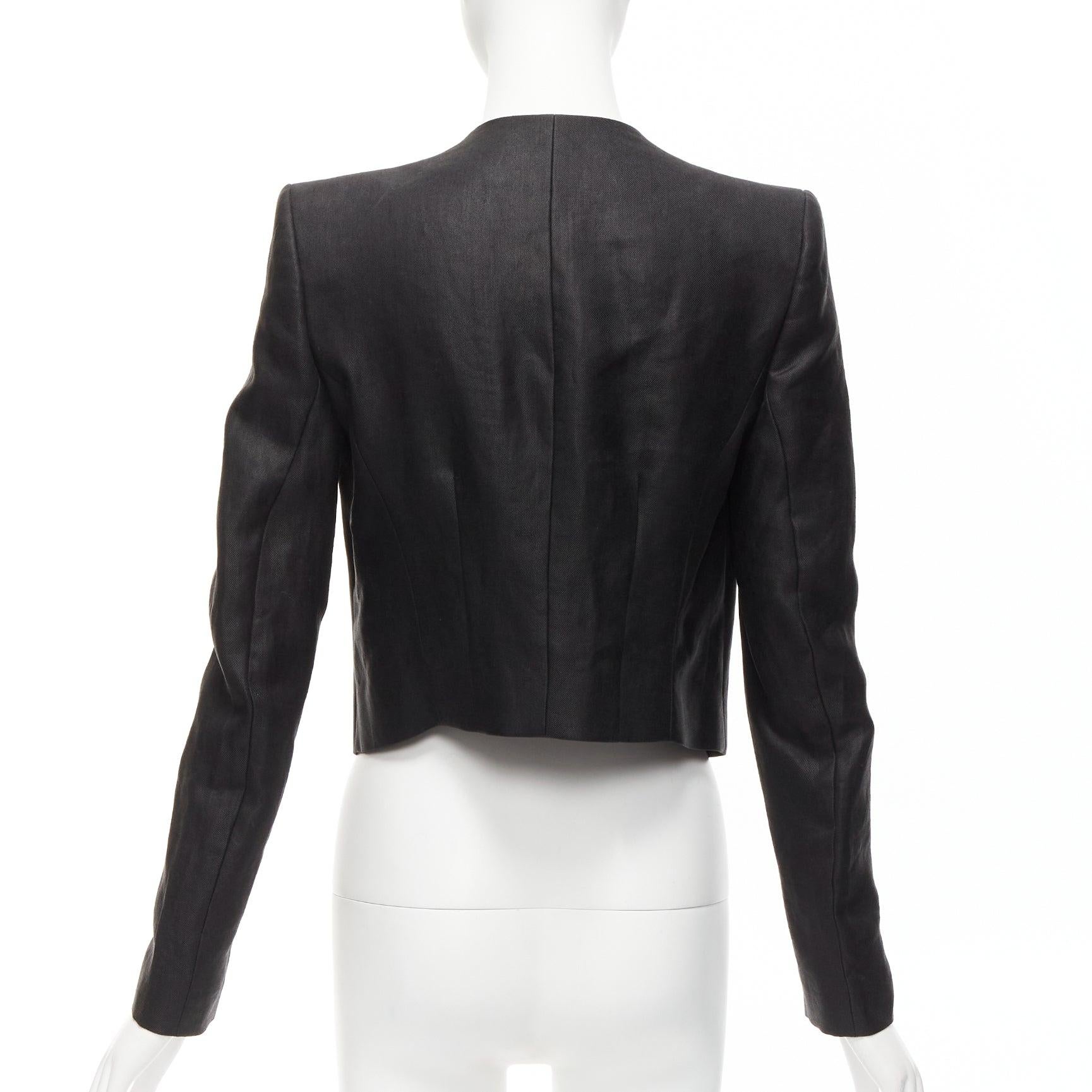 Women's HAIDER ACKERMANN black ramie silk green trim cropped blazer jacket FR36 S For Sale