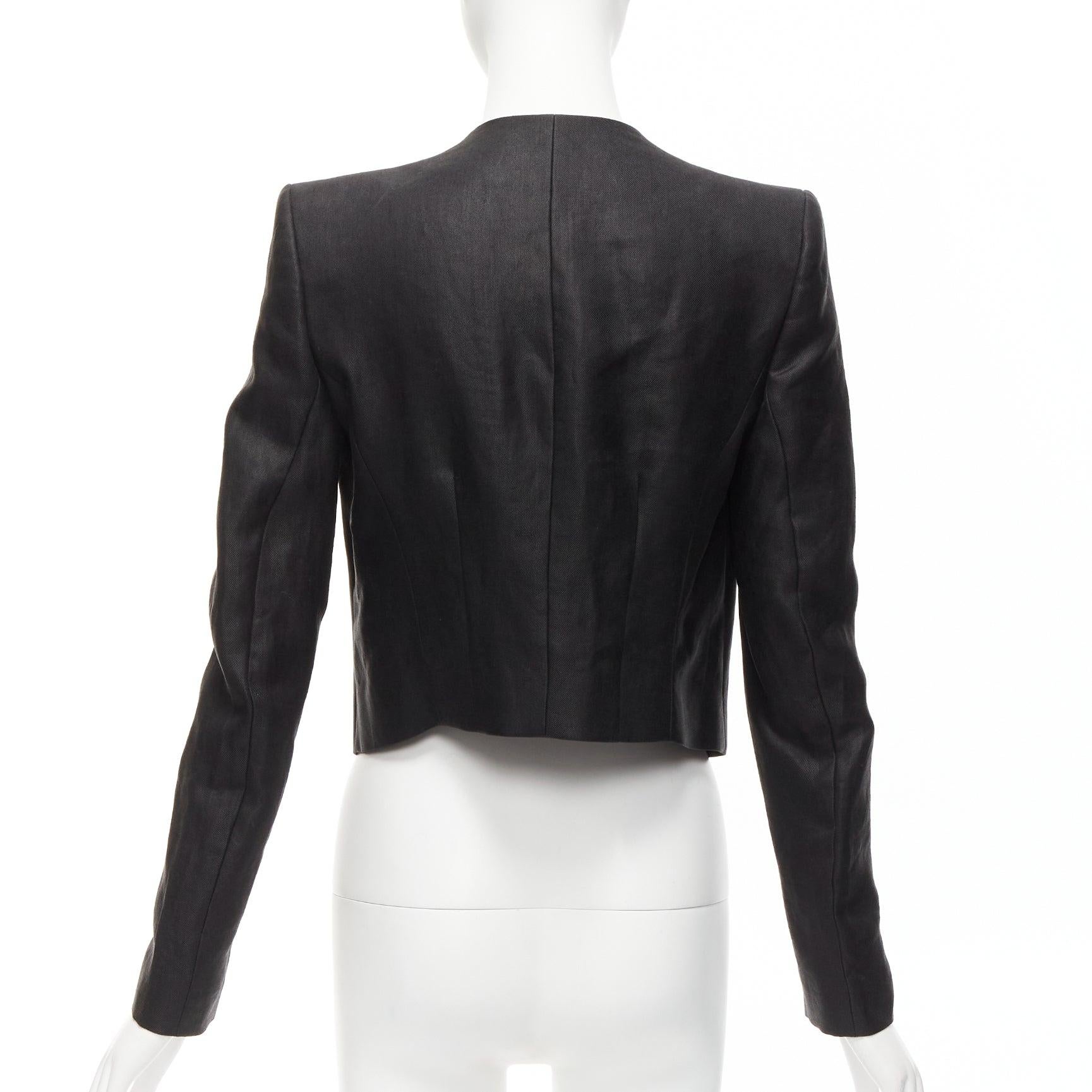 HAIDER ACKERMANN black ramie silk green trim cropped blazer jacket FR36 S For Sale 1