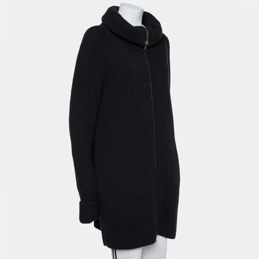 Haider Ackermann Black Wool Knit Collared Zip Front Oversized Long Cardigan XXS In Good Condition For Sale In Dubai, Al Qouz 2