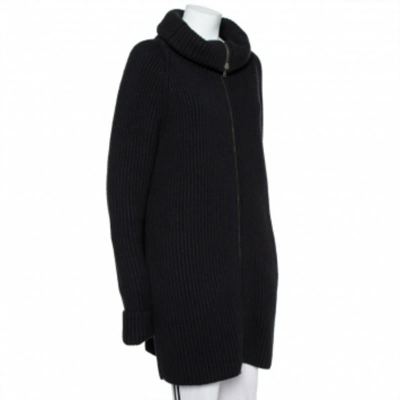 Women's Haider Ackermann Black Wool Knit Collared Zip Front Oversized Long Cardigan XXS For Sale