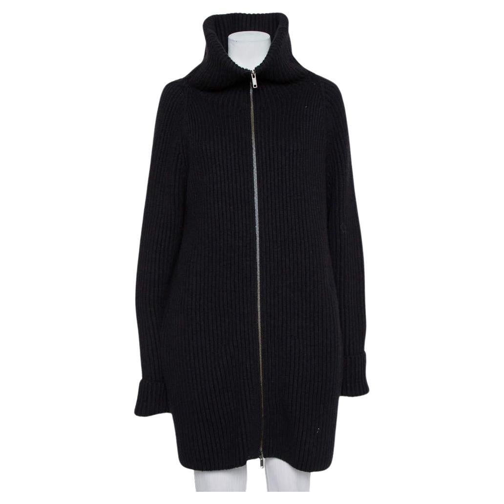 Haider Ackermann Black Wool Knit Collared Zip Front Oversized Long Cardigan XXS For Sale