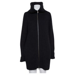 Haider Ackermann Schwarze übergroße lange Strickjacke aus Wollstrick mit Kragen und Reißverschluss vorne XXS