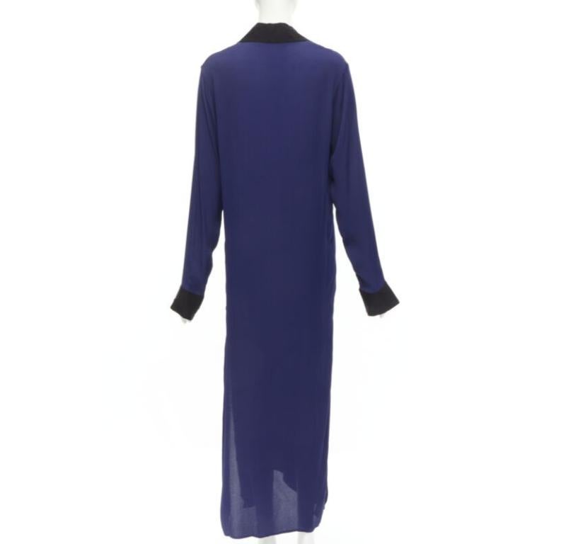 Women's HAIDER ACKERMANN dark blue rayon black silk trimmed long robe jacket FR36 S For Sale