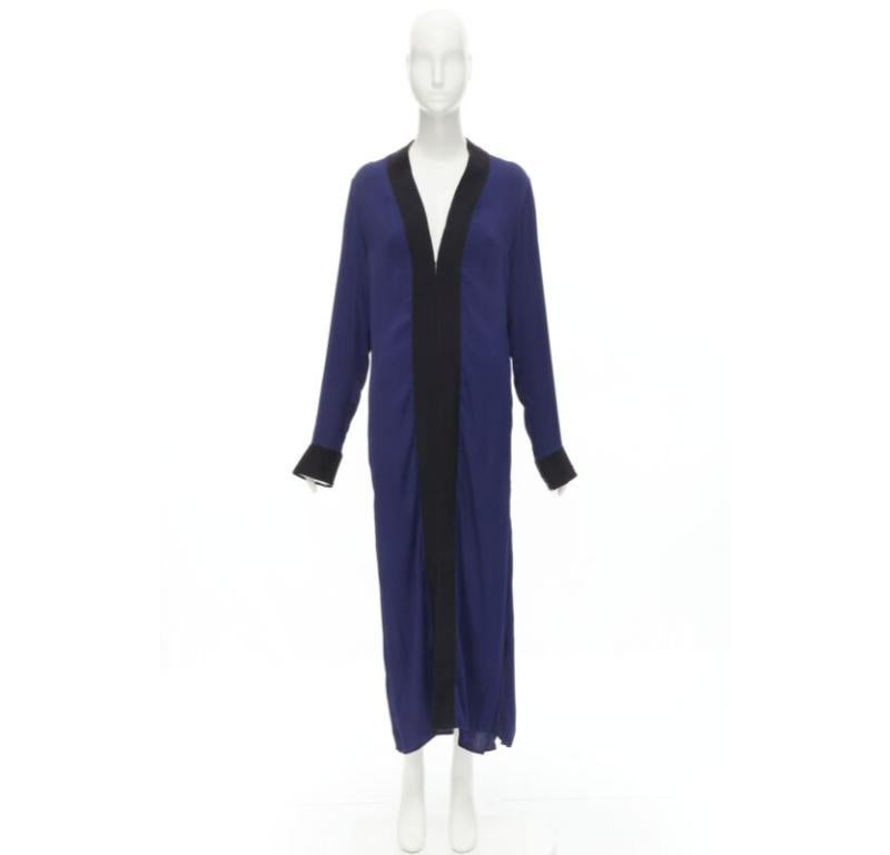 HAIDER ACKERMANN dark blue rayon black silk trimmed long robe jacket FR36 S For Sale 4