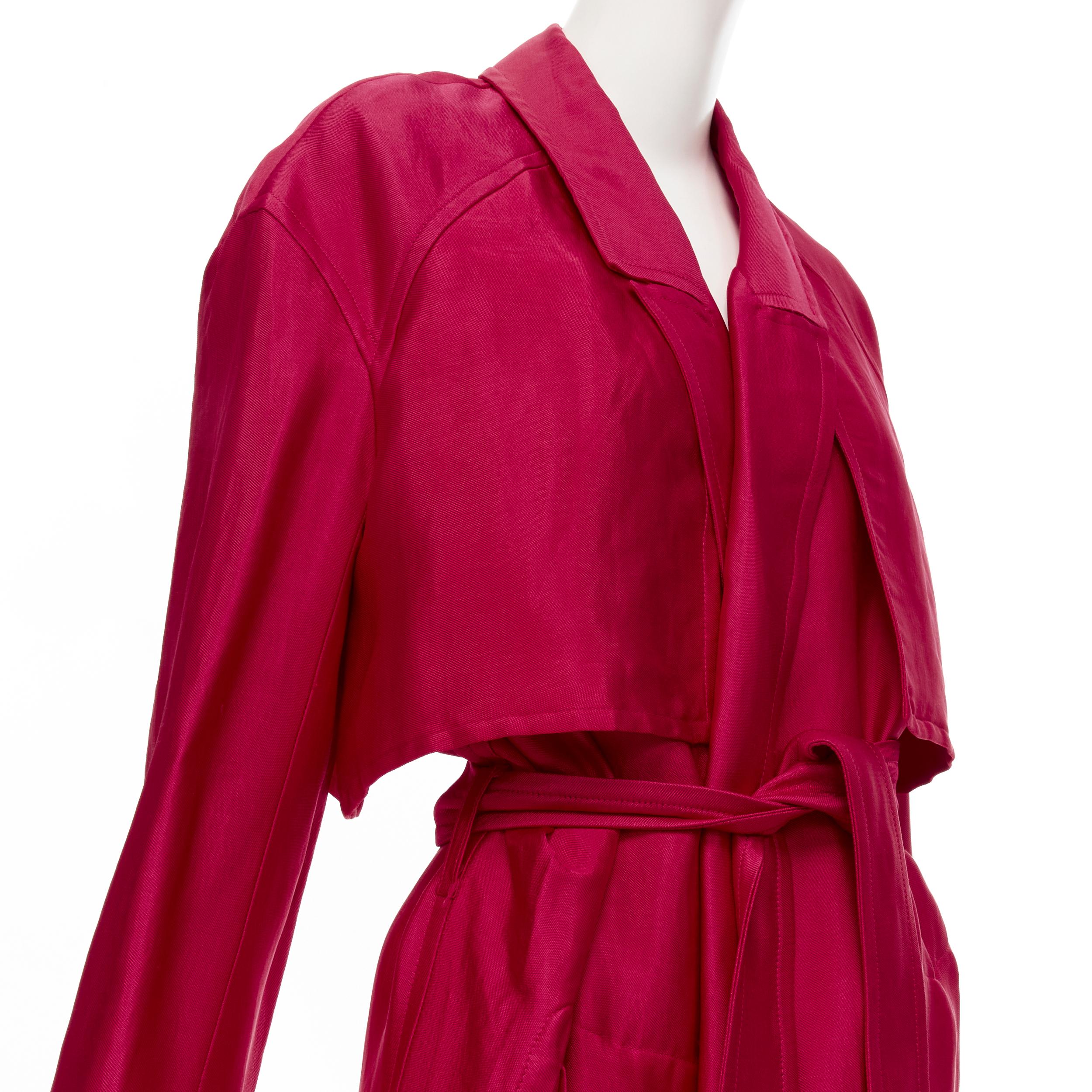 HAIDER ACKERMANN Fuschia pink linen rayon flap layered robe coat FR34 XS 
Reference: EDTG/A00069 
Brand: Haider Ackermann 
Designer: Haider Ackermann 
Material: Linen 
Color: Pink 
Pattern: Solid 
Closure: Belt 
Extra Detail: Notched shawl collar.