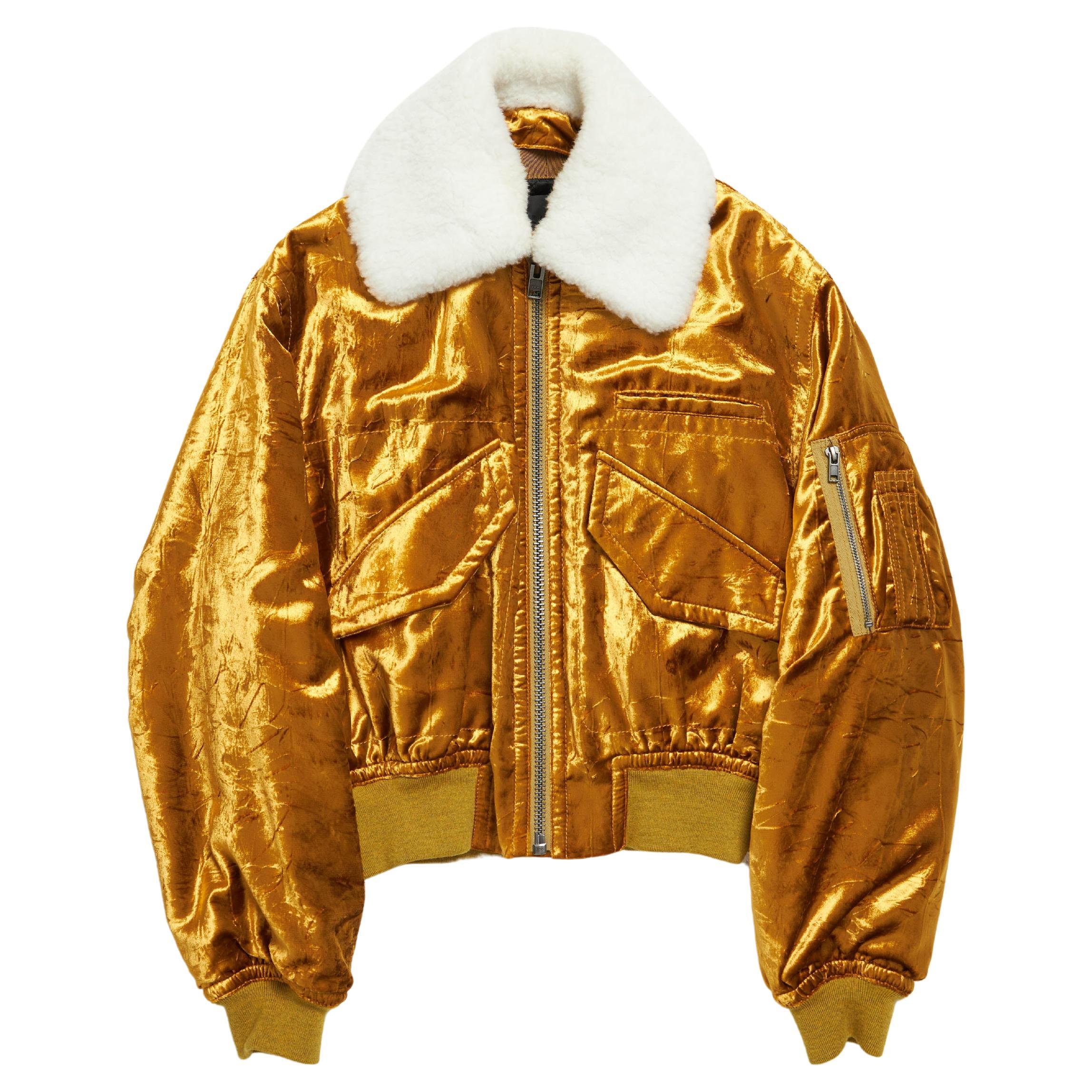 Haider Ackermann  Golden Velvet Faux Shearling Collar Bomber Jacket  For Sale