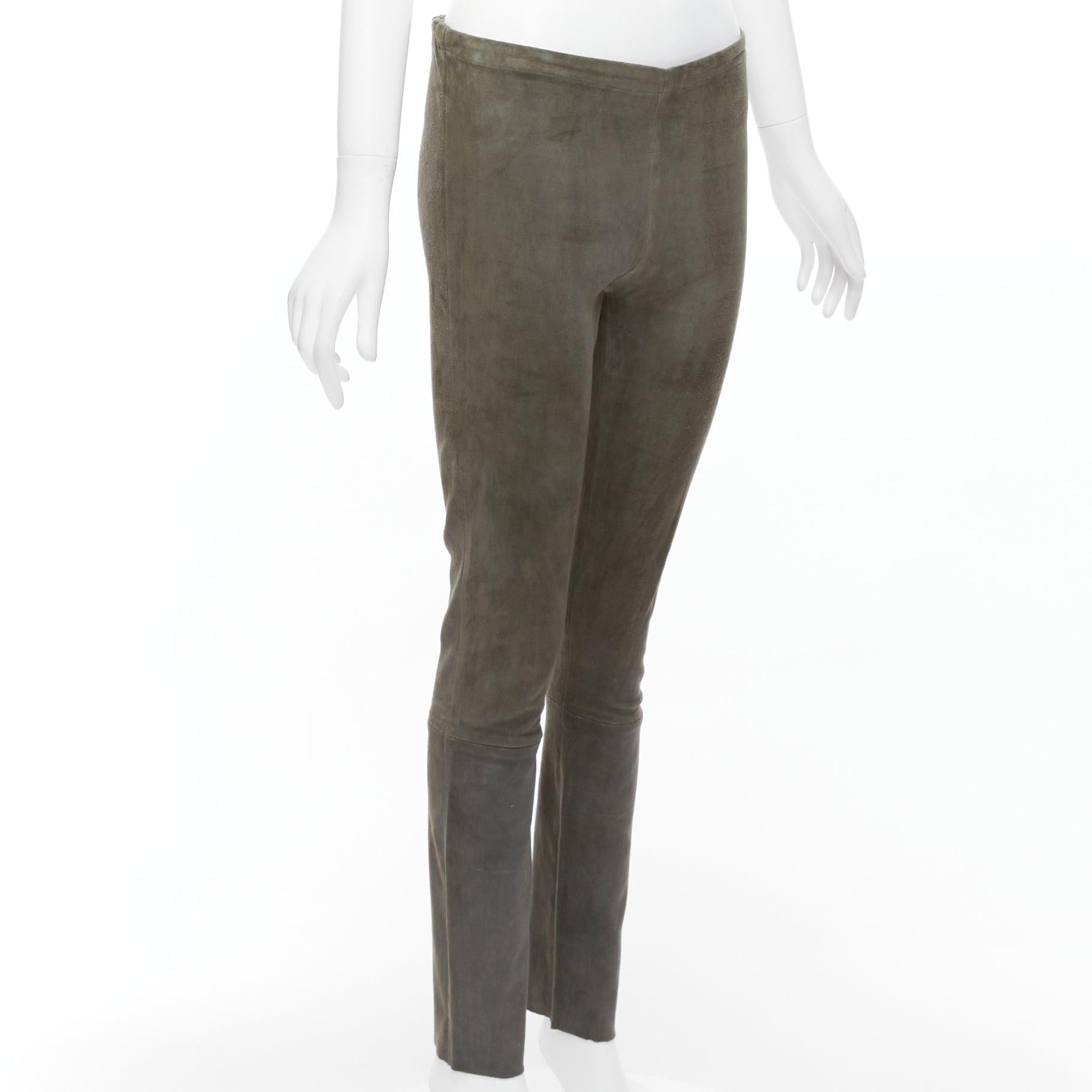 Gray HAIDER ACKERMANN green grey suede leather flared legging pants FR36 S For Sale