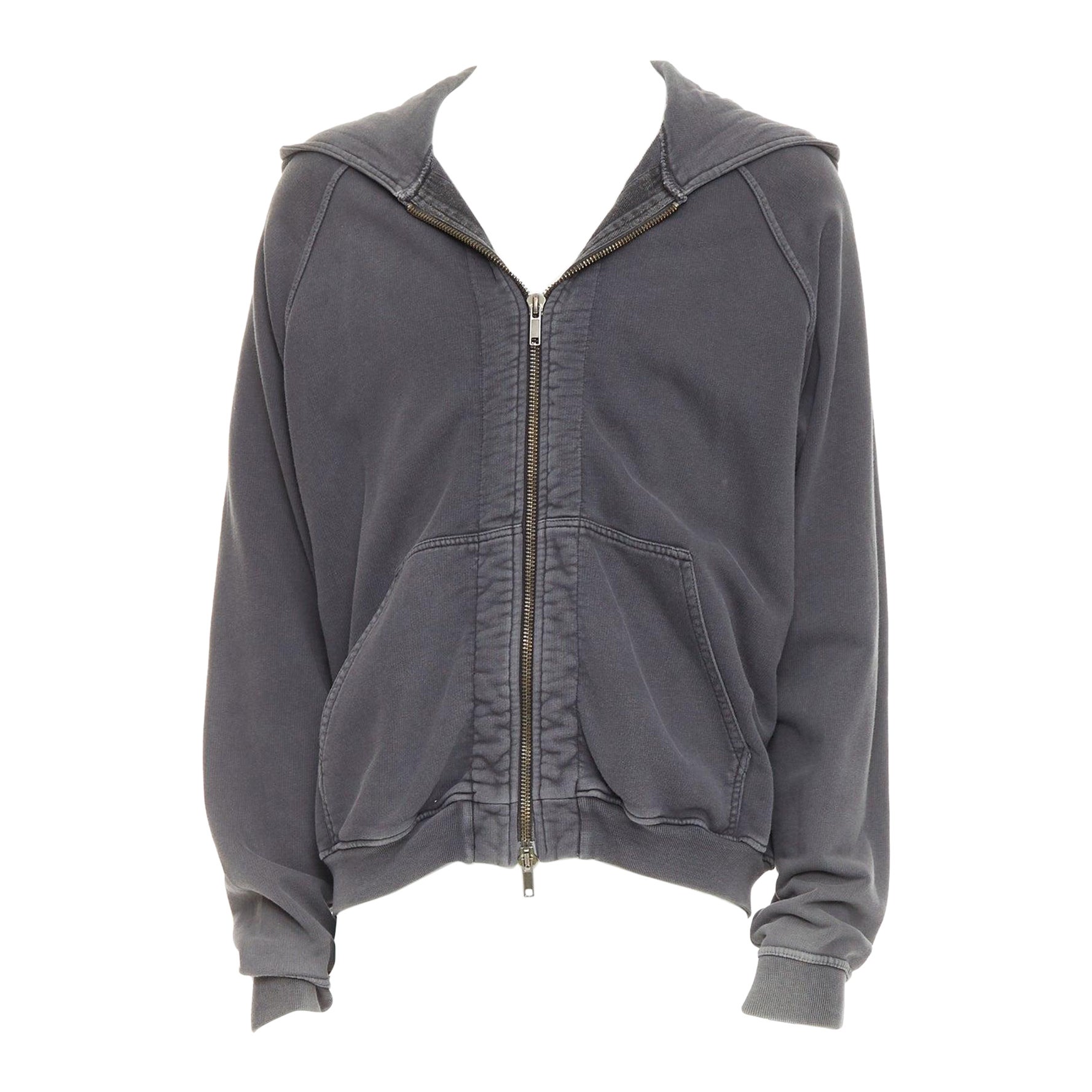 HAIDER ACKERMANN Raglan-Kapuzenpullover mit Reißverschluss aus grau gewaschener Baumwolle S