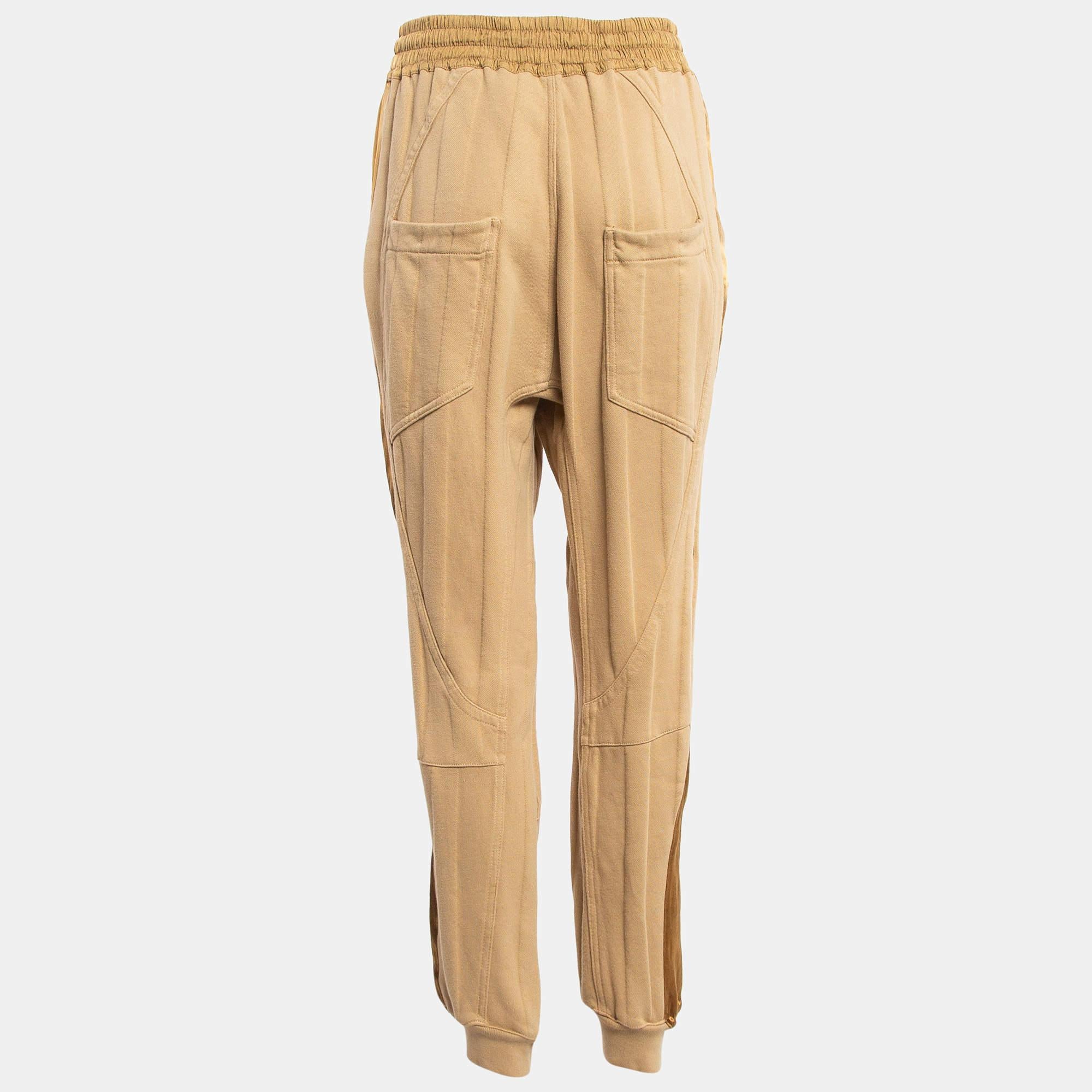 Haider Ackermann Hellbraune Satin-Seitenstreifen-Baumwoll-Sweatpants L (Beige) im Angebot