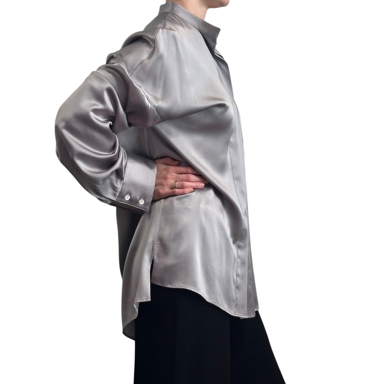 Haider Ackermann Metallic Silver Silk Charmeuse Oversized Shirt FR