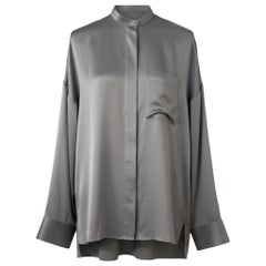 Haider Ackermann Metallic Silver Silk Charmeuse Oversized Shirt FR 34 Mandarin