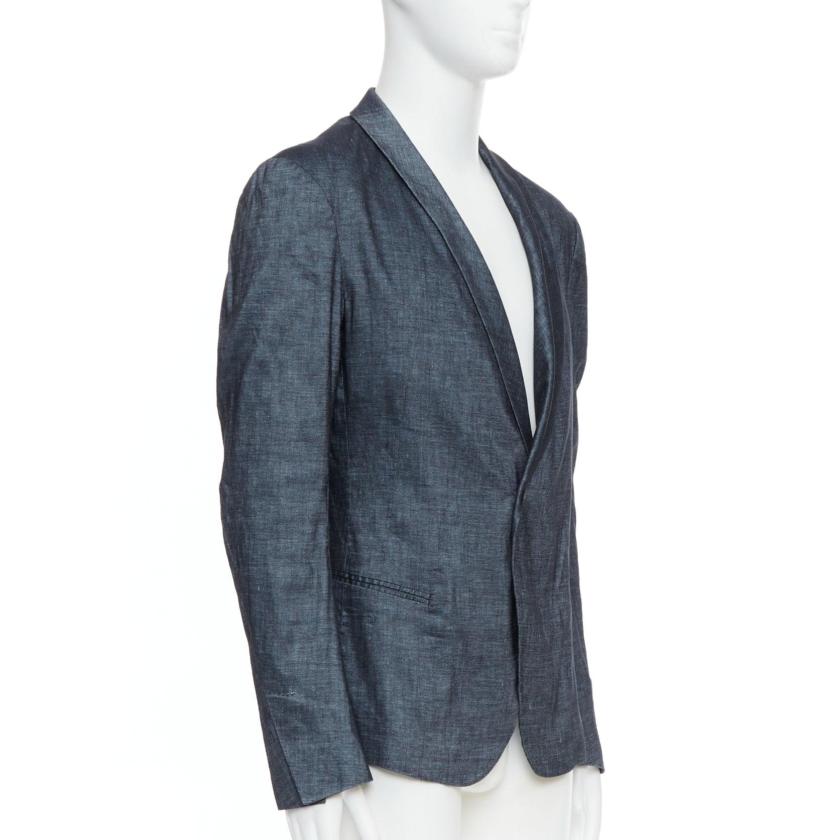 Black HAIDER ACKERMANN Runway dark blue linen cotton shawl blazer jacket M For Sale