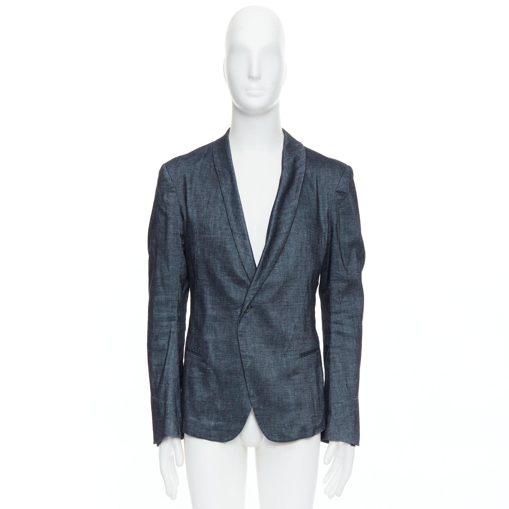 HAIDER ACKERMANN Runway dark blue linen cotton shawl blazer jacket M For Sale 4