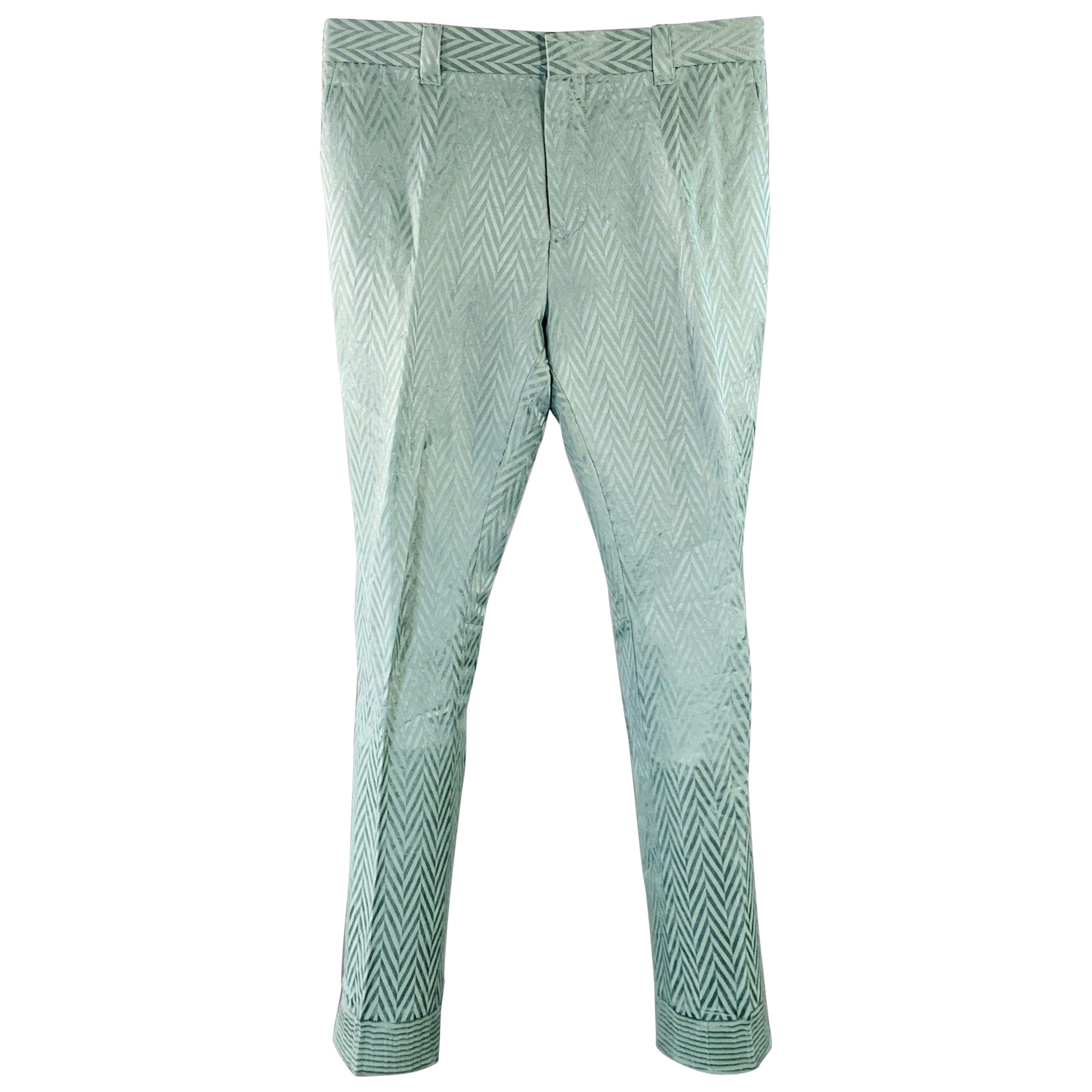 HAIDER ACKERMANN Size 32 Green Herringbone Jacquard Linen Silk Cropped Casual Pants For Sale