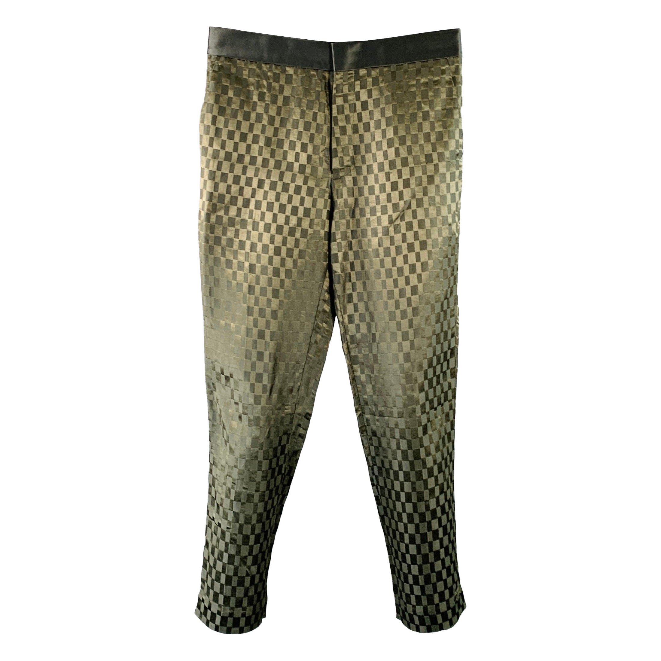 HAIDER ACKERMANN Size 32 Olive Checkered Linen Silk Cropped Casual Pants