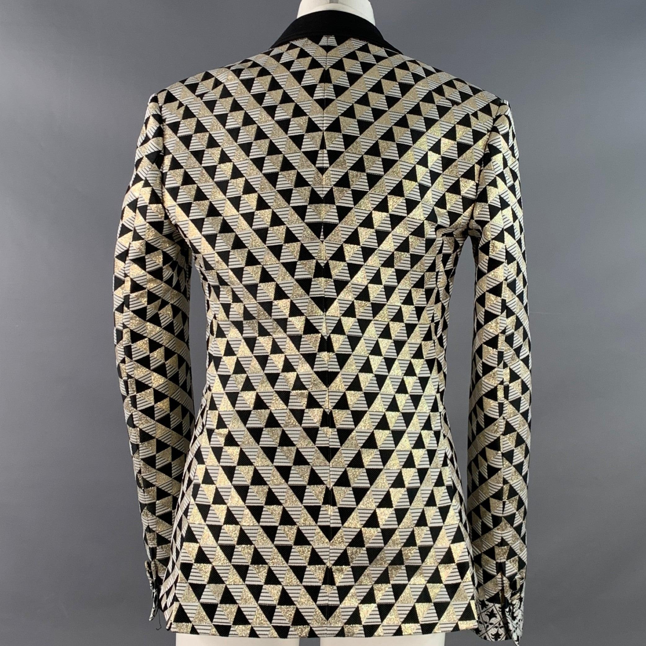 Men's HAIDER ACKERMANN Size 34 Black White Gold Textured Geometric Tuxedo Sport Coat For Sale