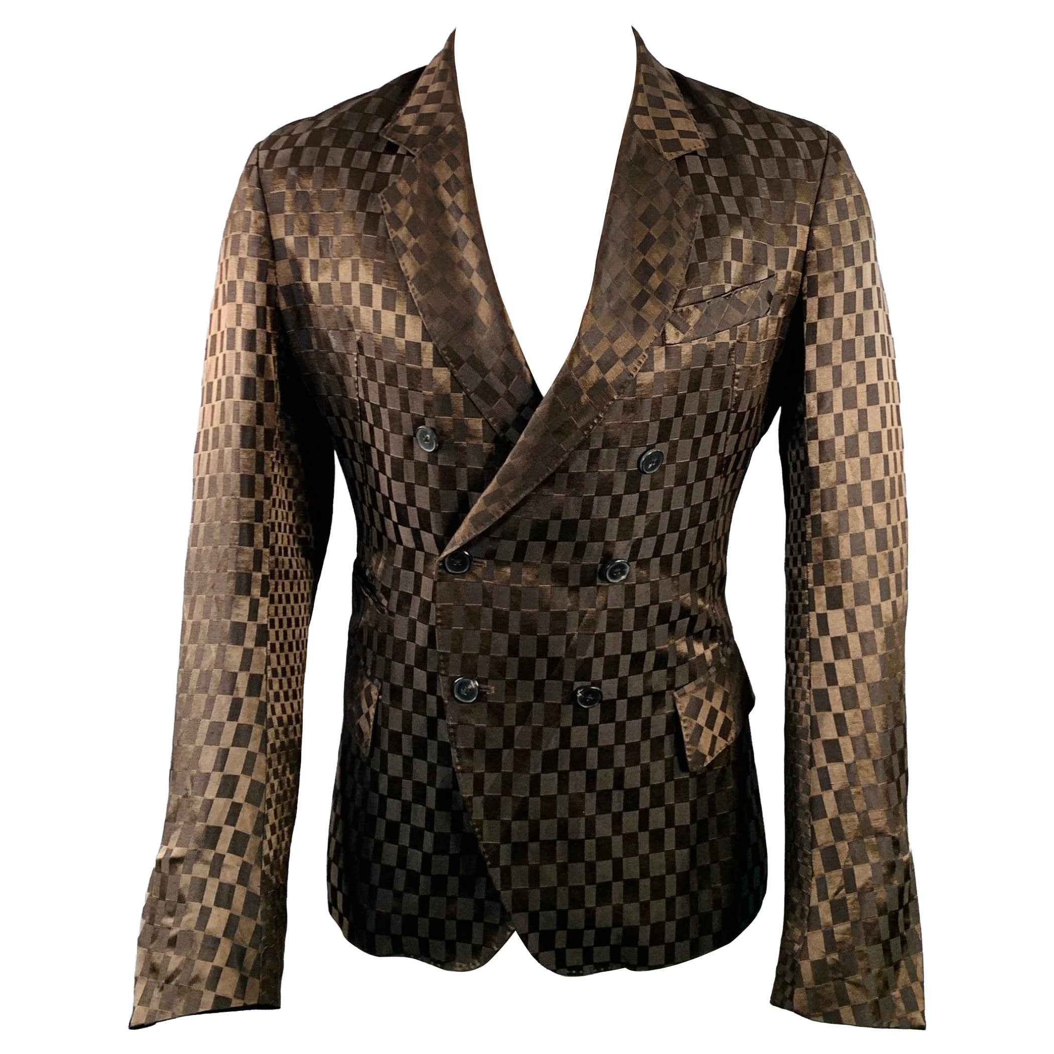 HAIDER ACKERMANN Size 38 Brown Checkered Jacquard Linen Silk Double Breasted Sport Coat For Sale