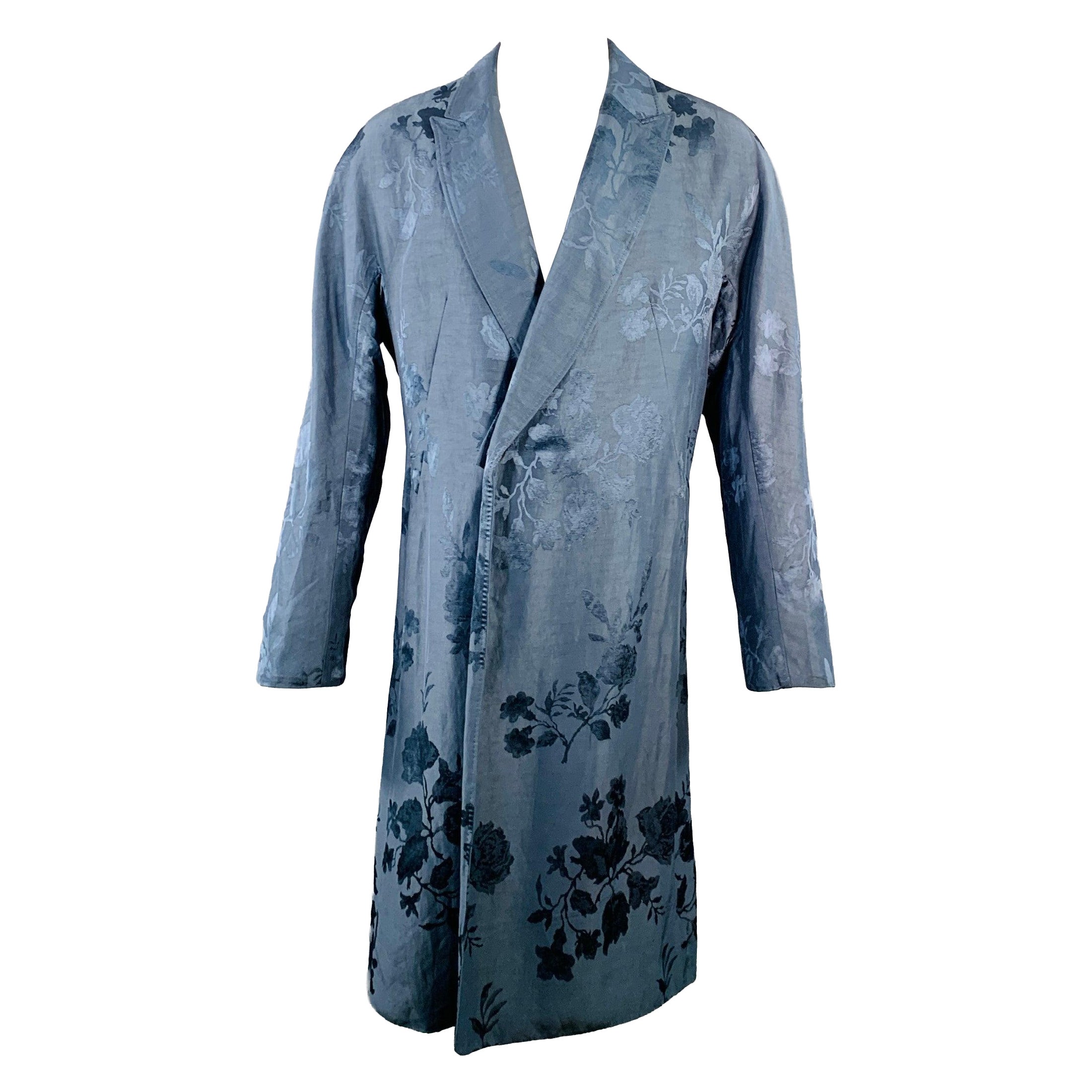 HAIDER ACKERMANN Size 38 Teal Jacquard Linen Blend Single Breasted Peak Lapel Coat For Sale