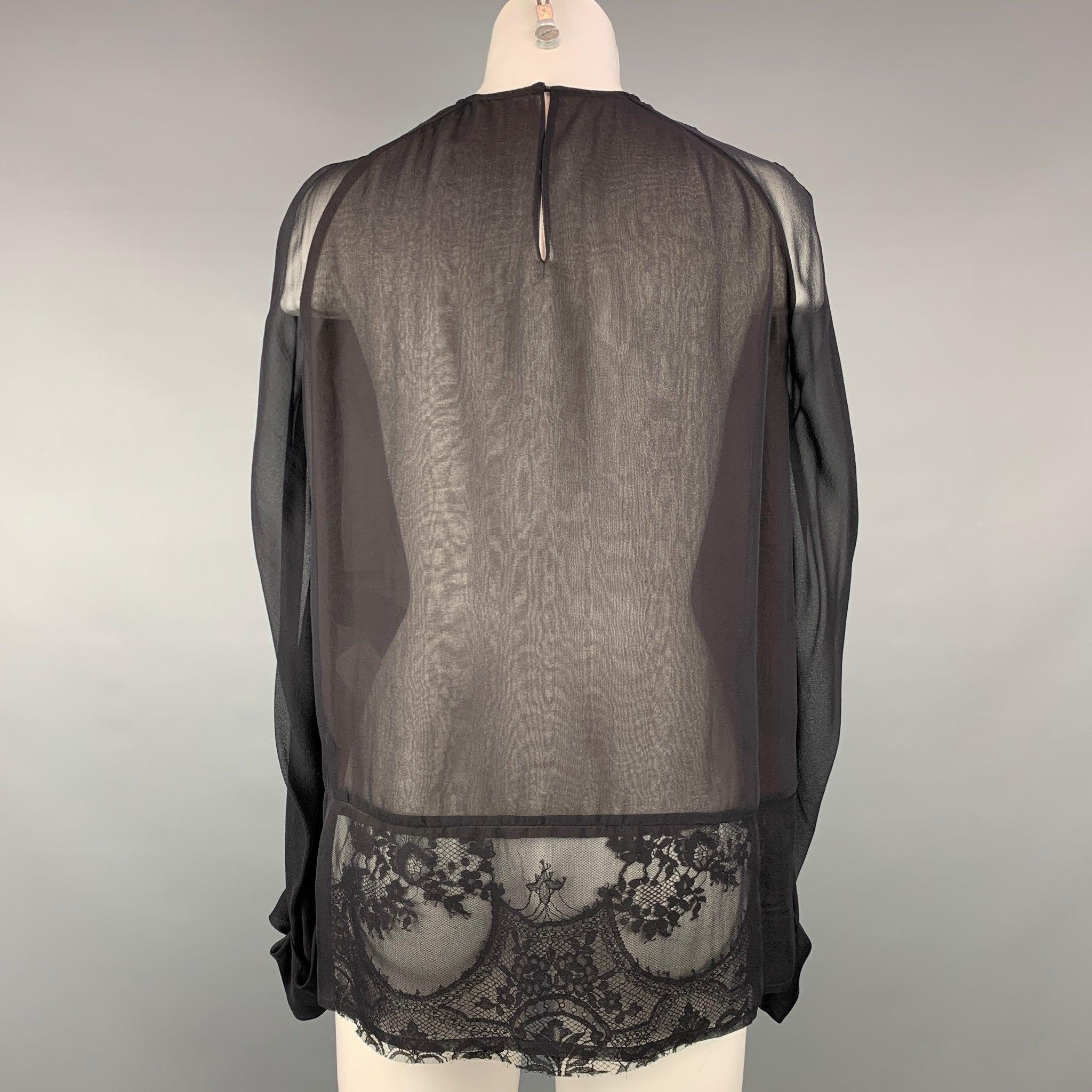 HAIDER ACKERMANN Size 4 Black & Brown Lace Panel Silk Blouse In Excellent Condition For Sale In San Francisco, CA