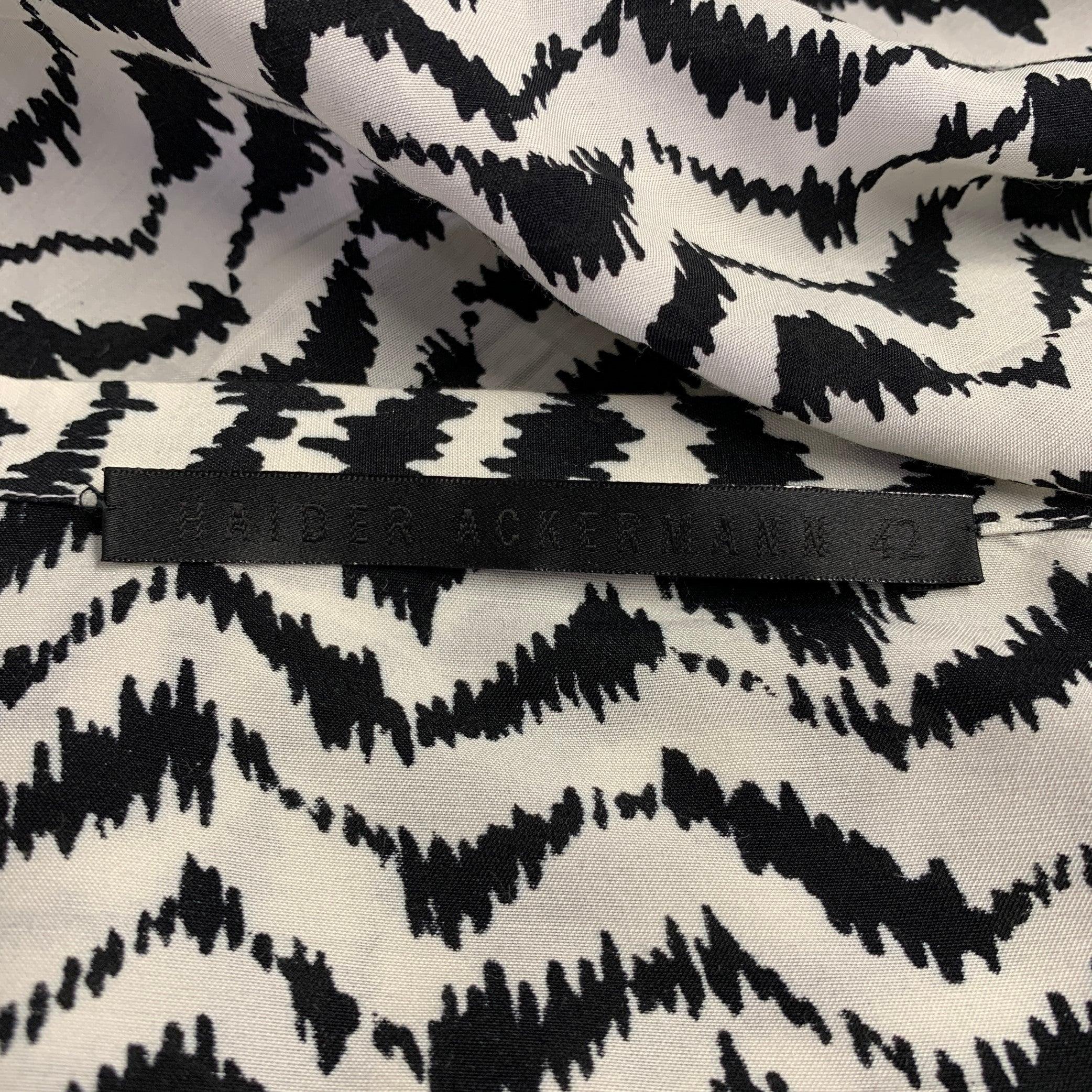  HAIDER Ackermann Size L Black White Viscose Silk Zig Zag Collarless Shirt Pour femmes 