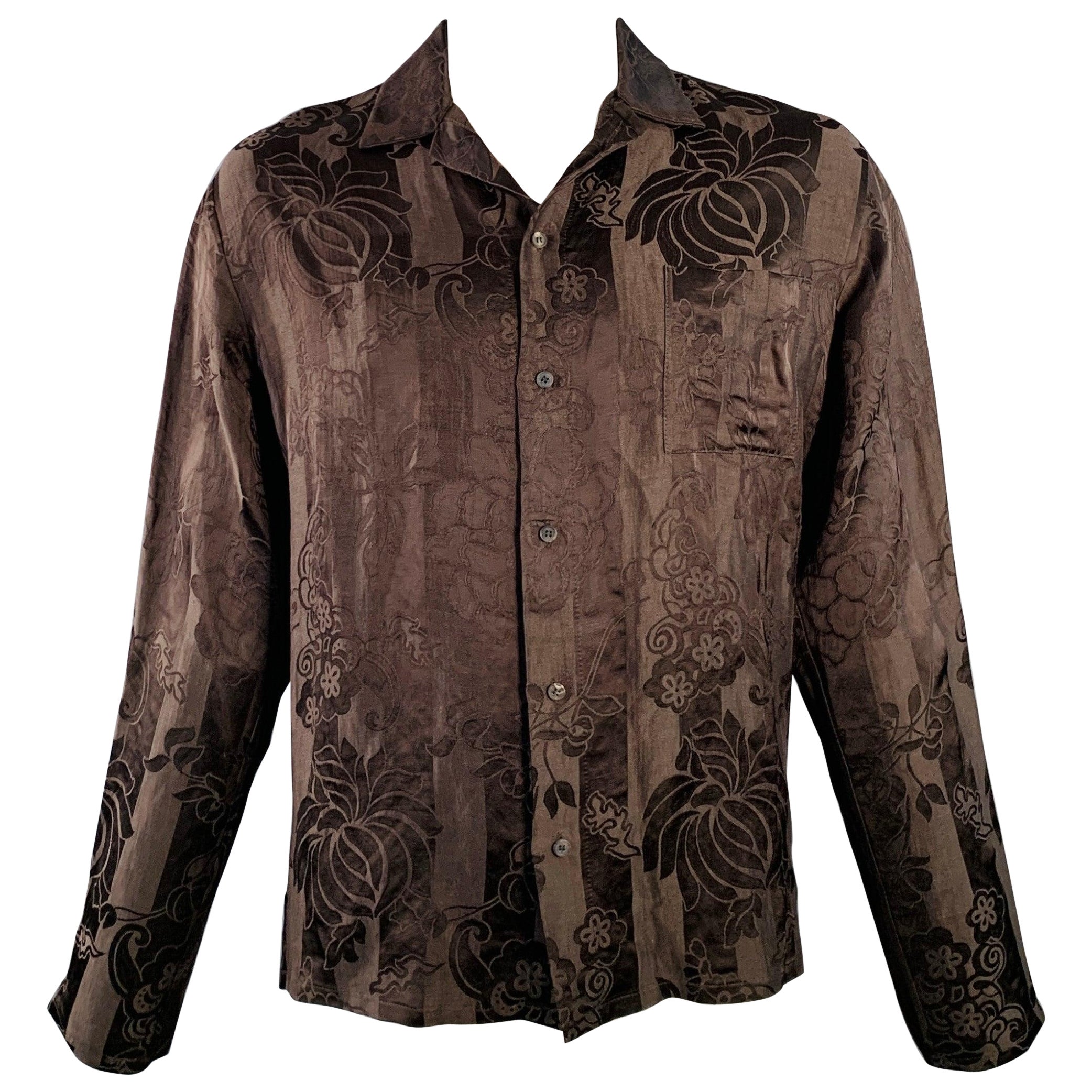HAIDER ACKERMANN Size L Brown Jacquard Linen Silk One Pocket Long Sleeve Shirt For Sale