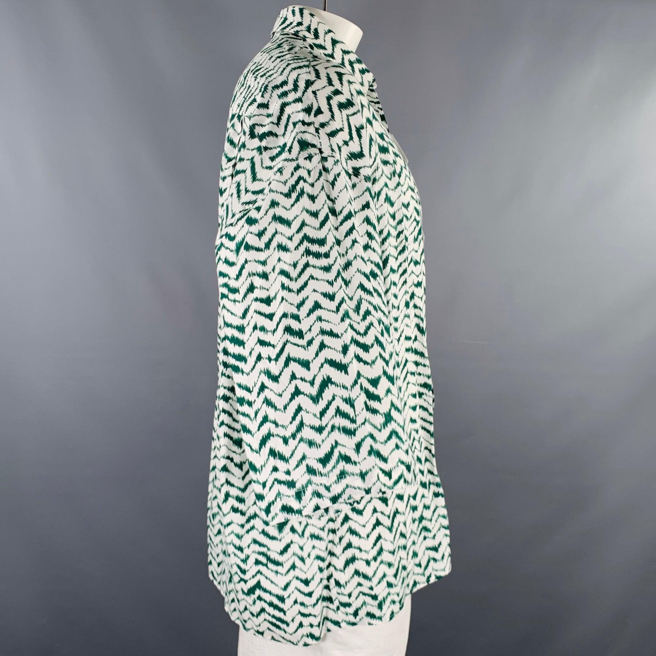 Gray HAIDER ACKERMANN Size L Green White Zig Zag Viscose Silk Short Sleeve Shirt