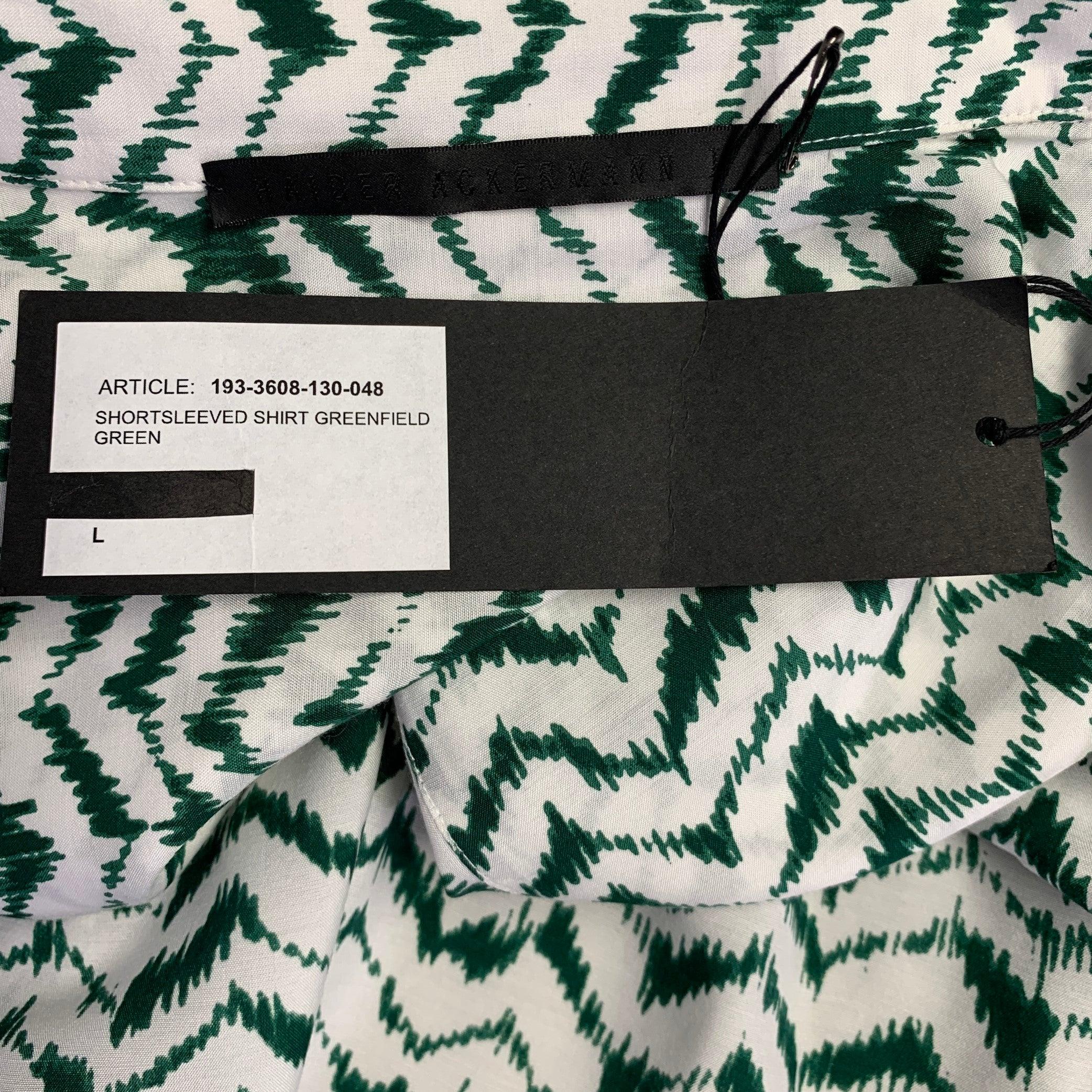 Men's HAIDER ACKERMANN Size L Green White Zig Zag Viscose Silk Short Sleeve Shirt