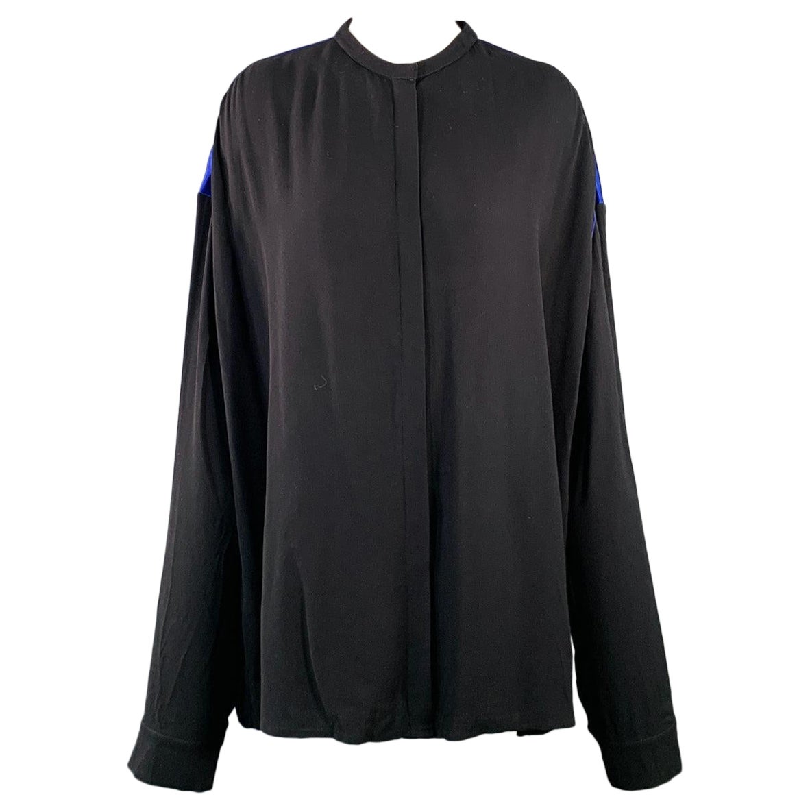 HAIDER ACKERMANN Size M Black Blue Viscose Silk Nehru Collar Hidden Buttons Shirt For Sale