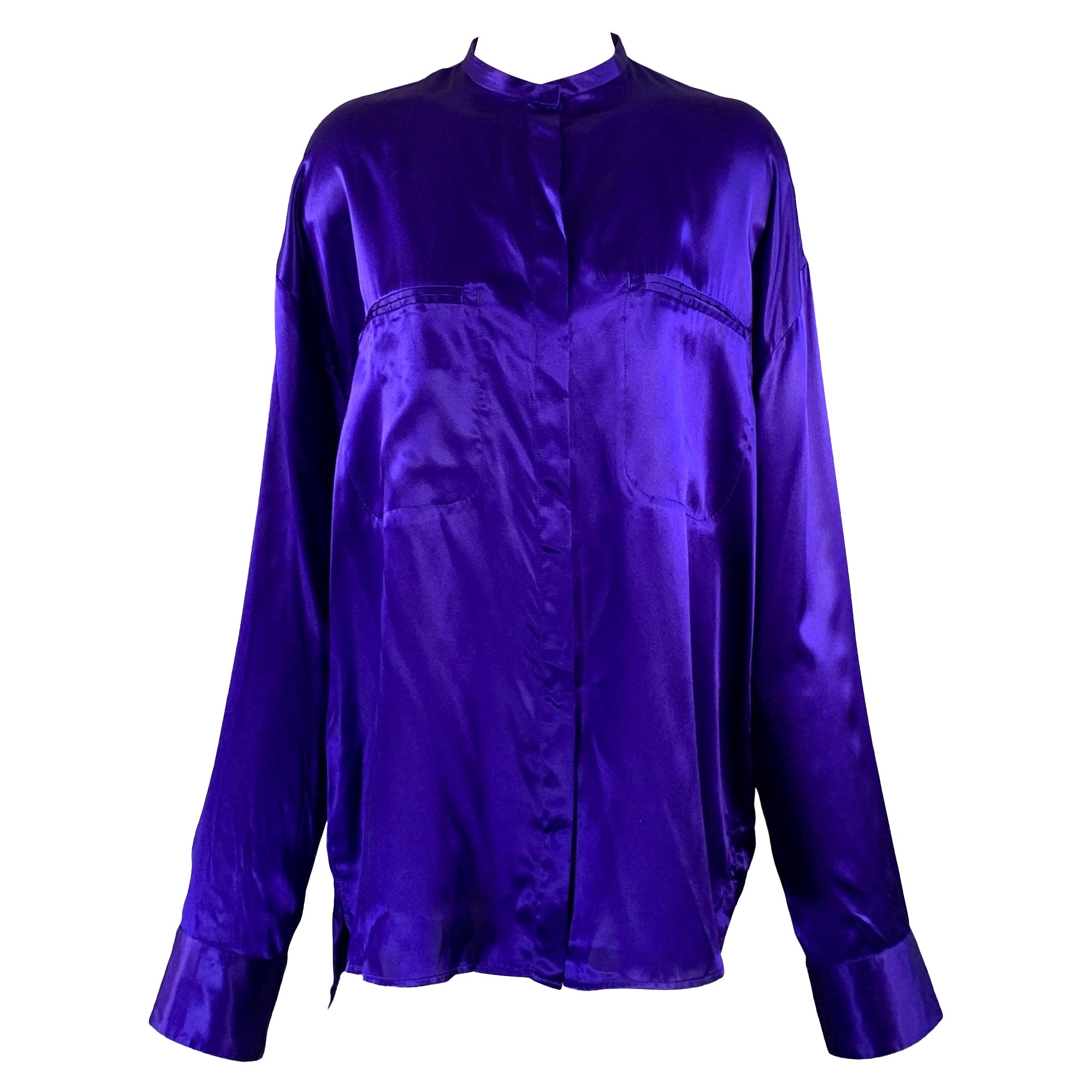 HAIDER ACKERMANN Size S Blue Silk Nehru Collar Hidden Buttons Shirt